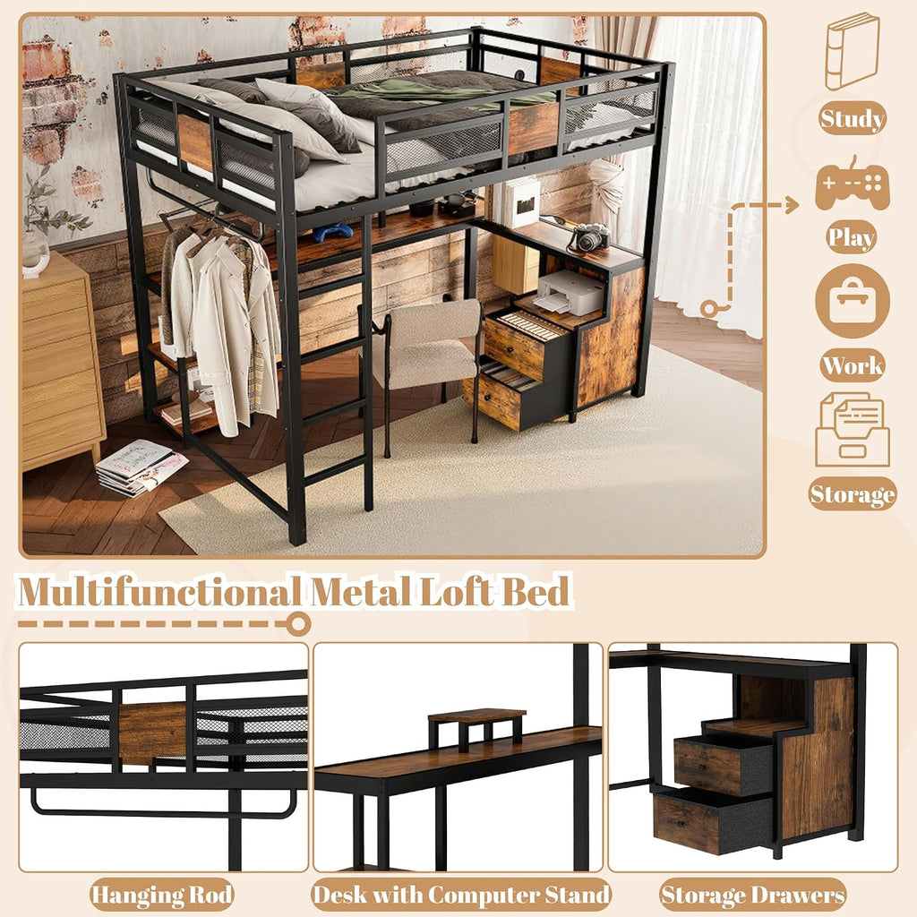 Bellemave Full Loft Bed with Storage Drawers and L-Shaped Desk, Metal Loft Bed Frame with Computer Monitor Stand, Hang Rod, and Multi-Function Shelves, Loftbed with Noise-Free Design, Black
