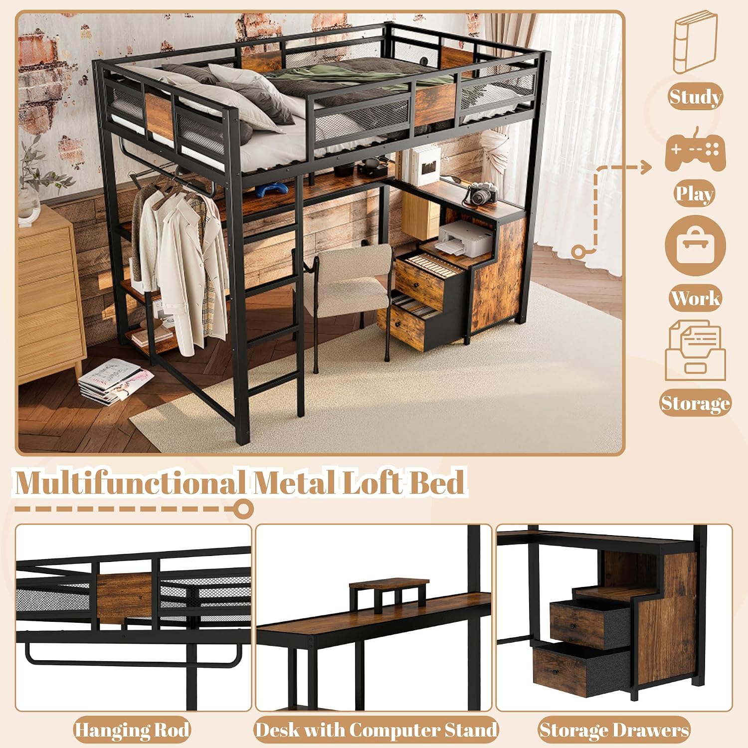 Bellemave Full Loft Bed with Storage Drawers and L-Shaped Desk, Metal Loft Bed Frame with Computer Monitor Stand, Hang Rod, and Multi-Function Shelves, Loftbed with Noise-Free Design, Black