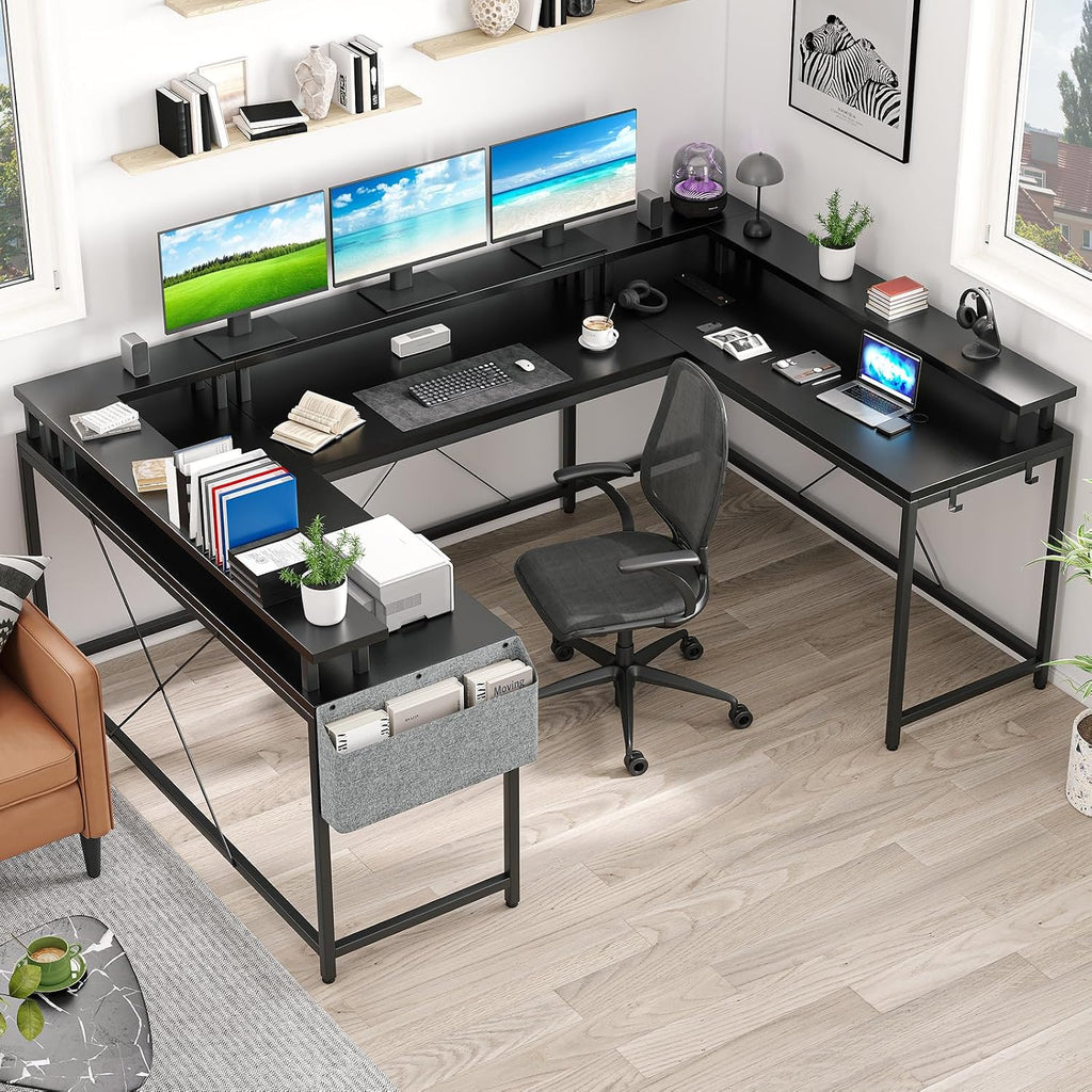 U Shaped Gaming Desk, 79' Reversible U Shaped Desk with Power Outlets, LED Lights, Monitor Stand & Storage Shelves, Corner Office Desk for Home Office, Gaming, Workstation (Black Willow)