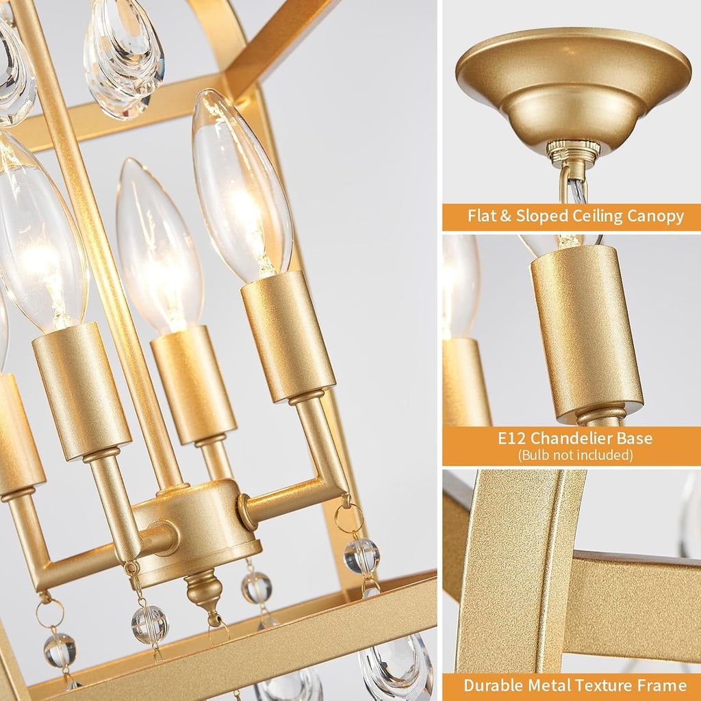 Gold Crystal Chandelier, 4-Light Modern Chandeliers for Dining Room Light Fixture Over Table Adjustable Height Hanging Farmhouse Pendant Light for Hallway Entryway Living Room Kitchen Island Bedroom