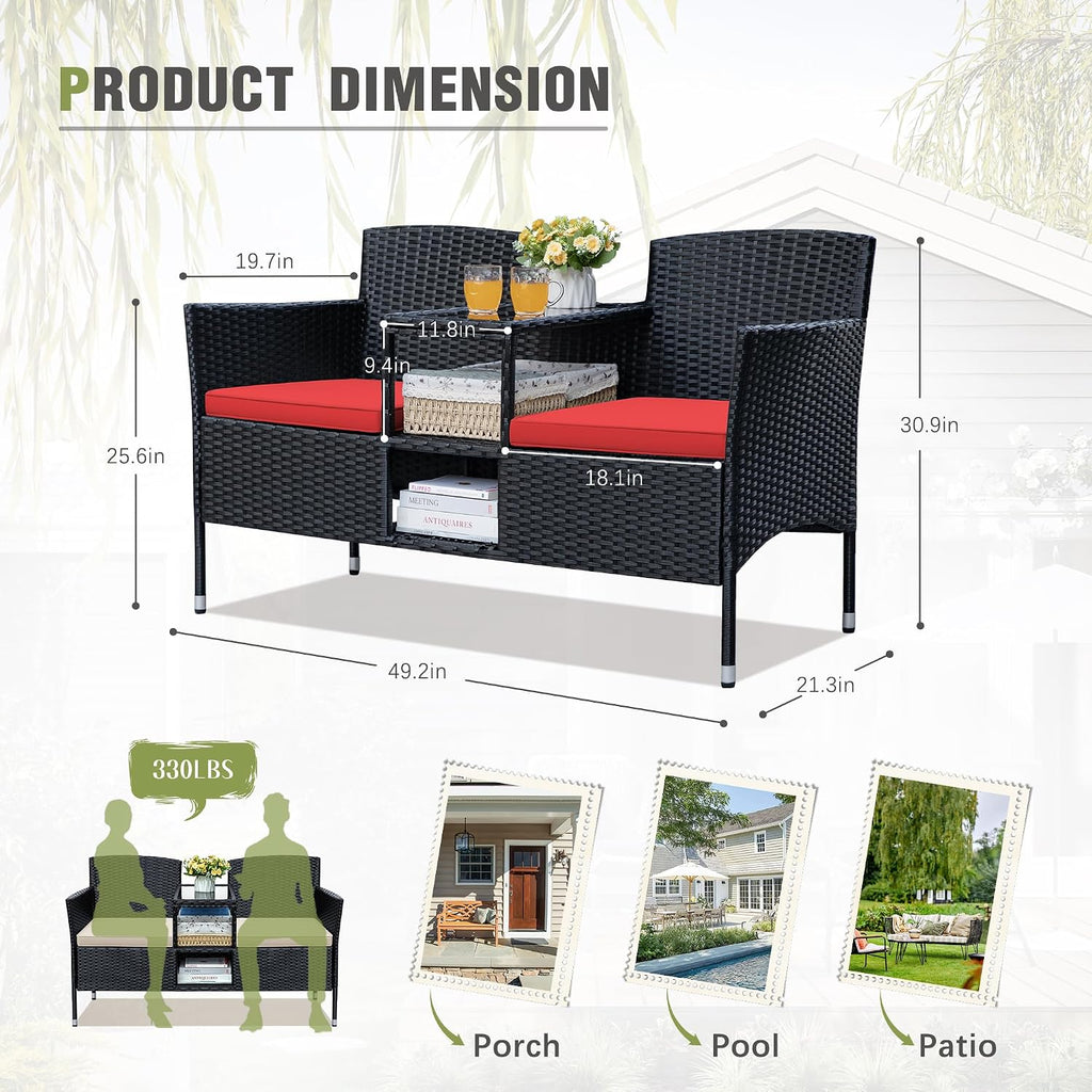 Greesum Patio Loveseat Outdoor Wicker Furniture Conversation Set with Soft Cushions & Built-in Coffee Table for Lawn Garden Backyard, Red
