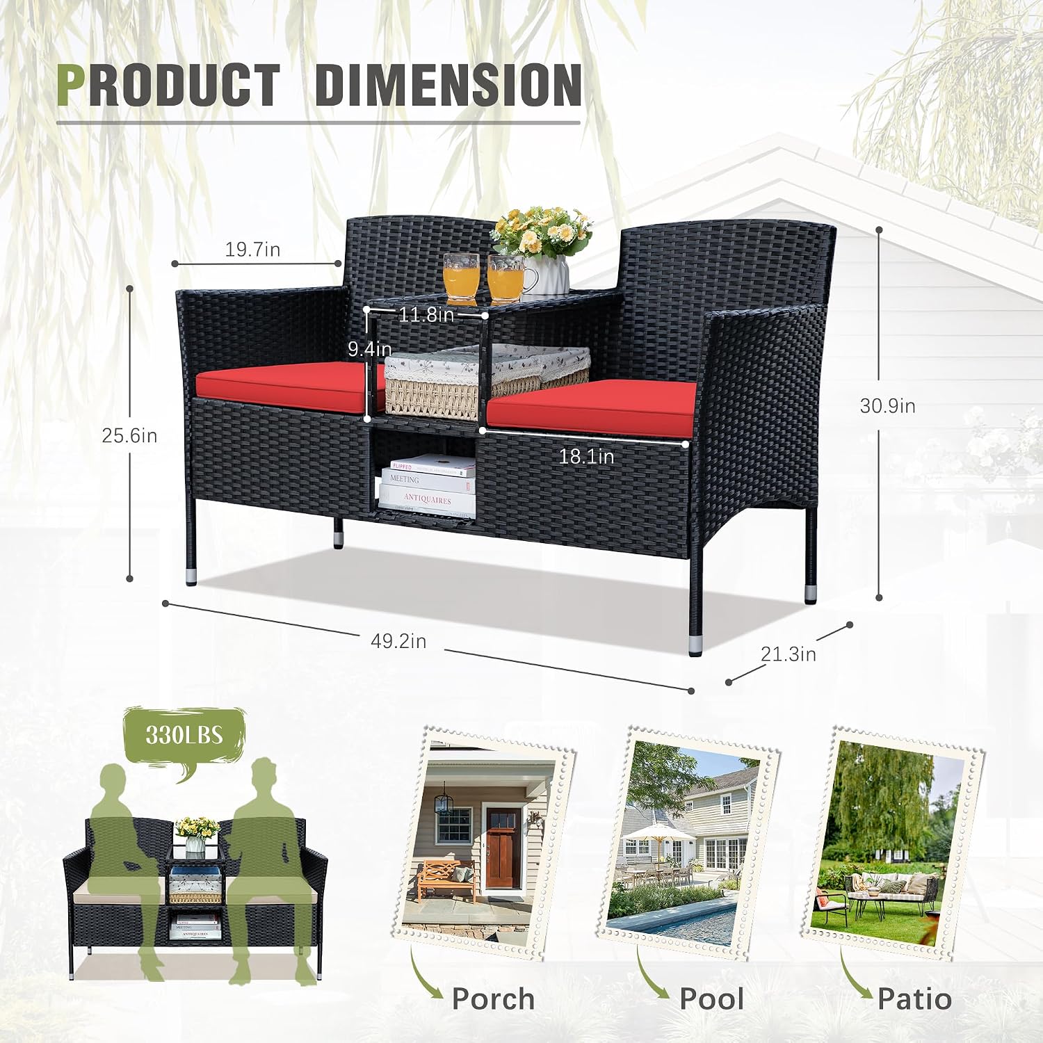 Greesum Patio Loveseat Outdoor Wicker Furniture Conversation Set with Soft Cushions & Built-in Coffee Table for Lawn Garden Backyard, Red