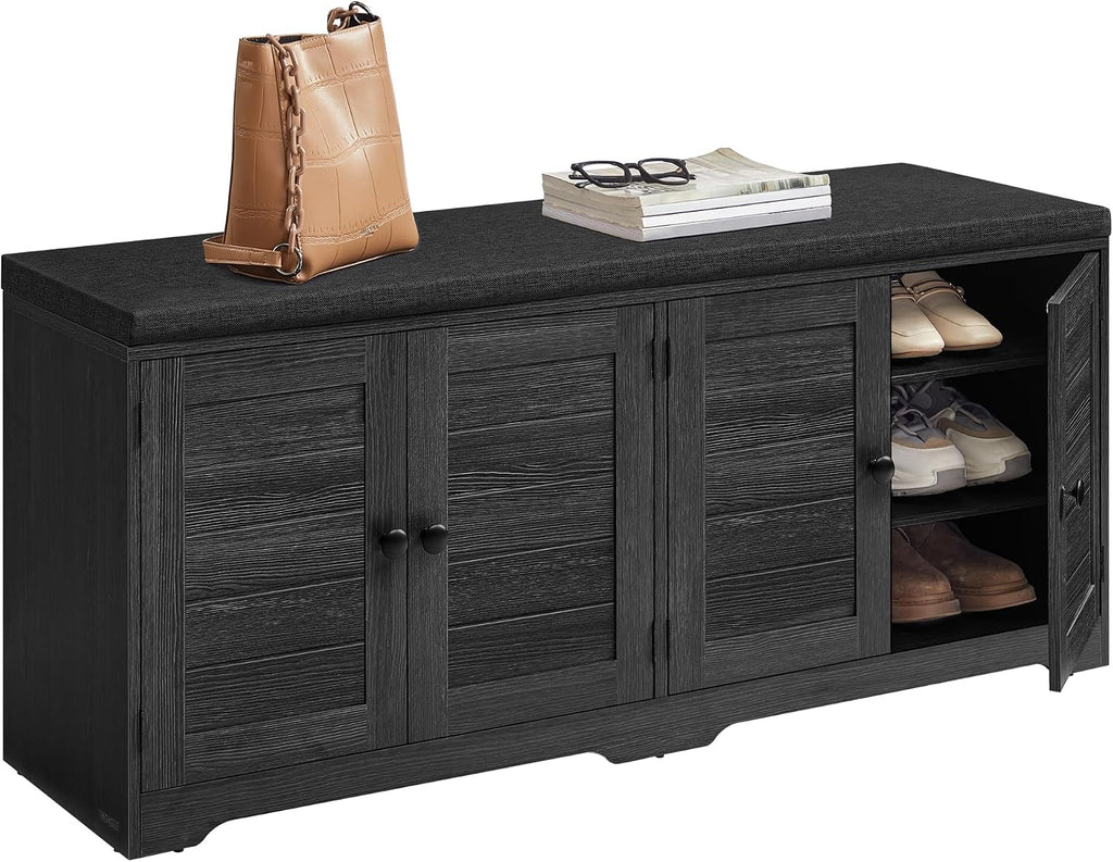 VASAGLE Shoe Storage Bench with Cushion, 3-Tier Entryway Bench with Padded Seat, Doors, Adjustable Shelves, 14 x 47.6 x 20.7 Inches, for Hallway, Bedroom, Charcoal Gray and Ink Black ULSB048BA01