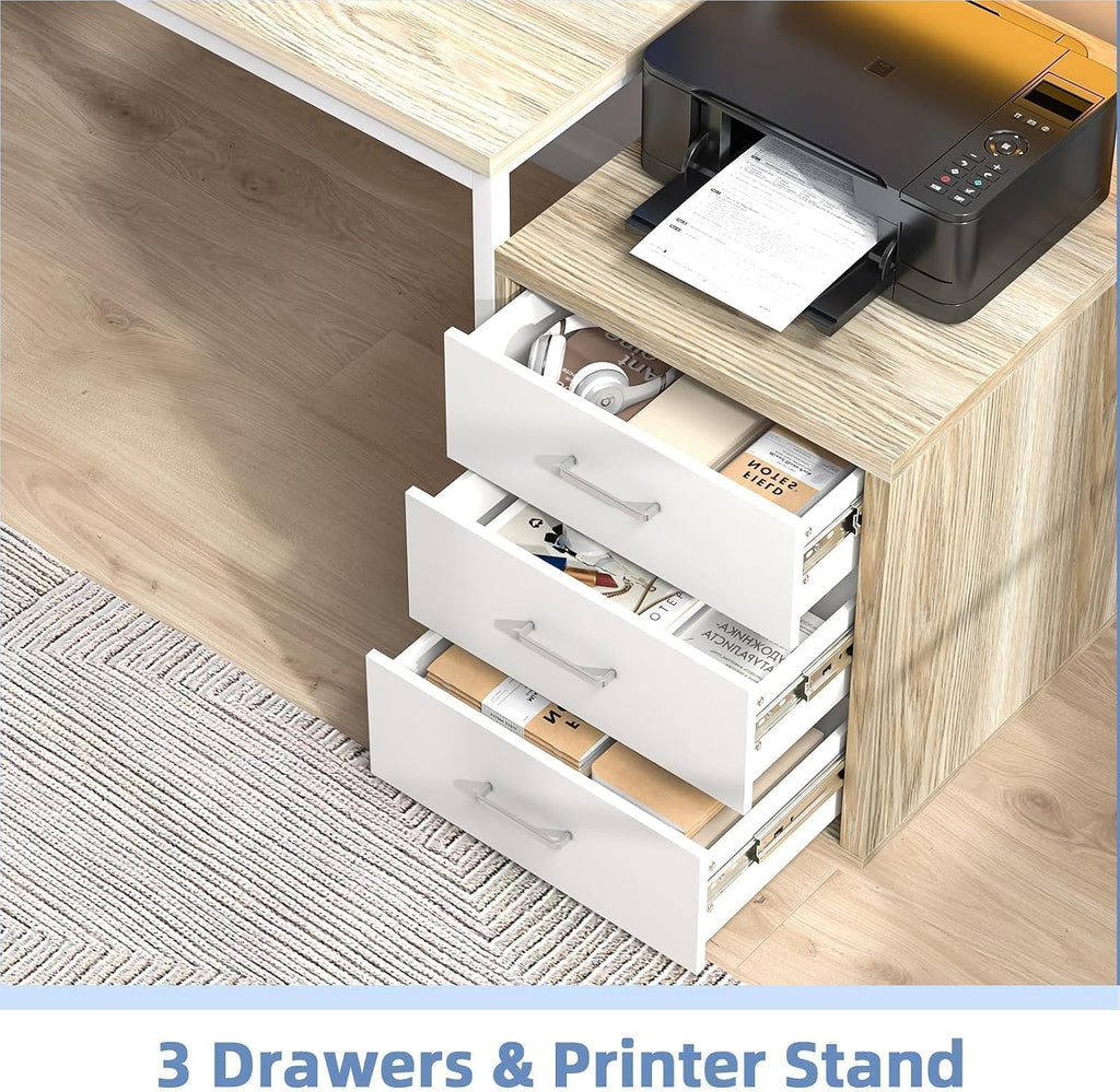 MaverickFurni 67' Home Office Desk with Drawers, Reversible Computer Desk with Moniter Stand and LED Lights, Long Desk with Printer Shelf, White and Walnut