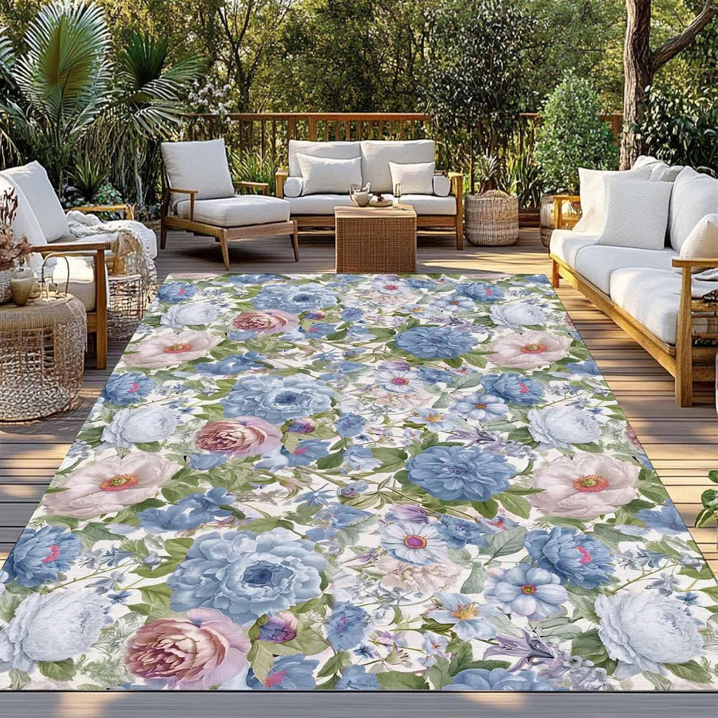 Blue Pink Spring Floral Outdoor Rug for Patio/Deck/Porch, Non-Slip Large Area Rug 6 x 9 Ft, Vintage Summer Botanical Indoor Outdoor Rugs Washable Area Rugs, Reversible Camping Rug Carpet Runner