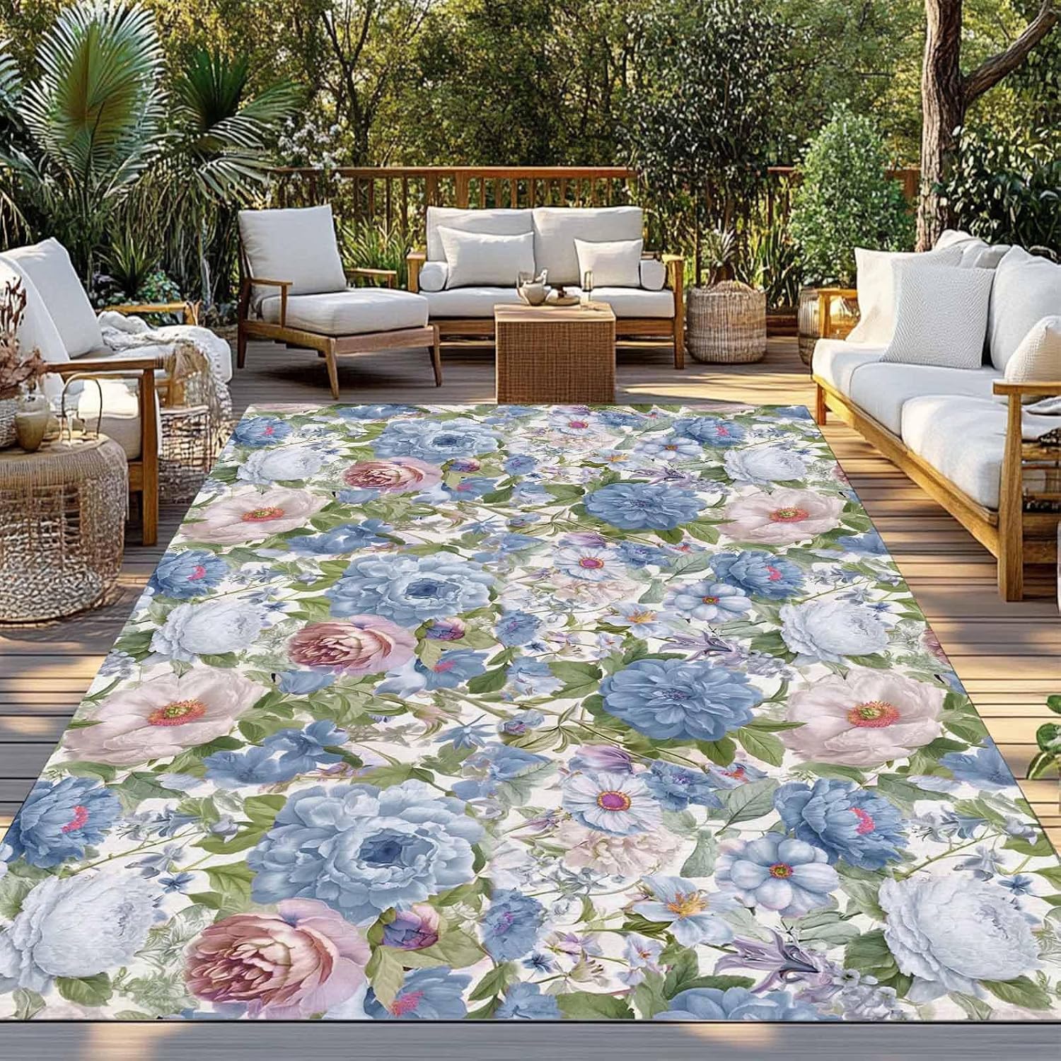 Blue Pink Spring Floral Outdoor Rug for Patio/Deck/Porch, Non-Slip Large Area Rug 6 x 9 Ft, Vintage Summer Botanical Indoor Outdoor Rugs Washable Area Rugs, Reversible Camping Rug Carpet Runner
