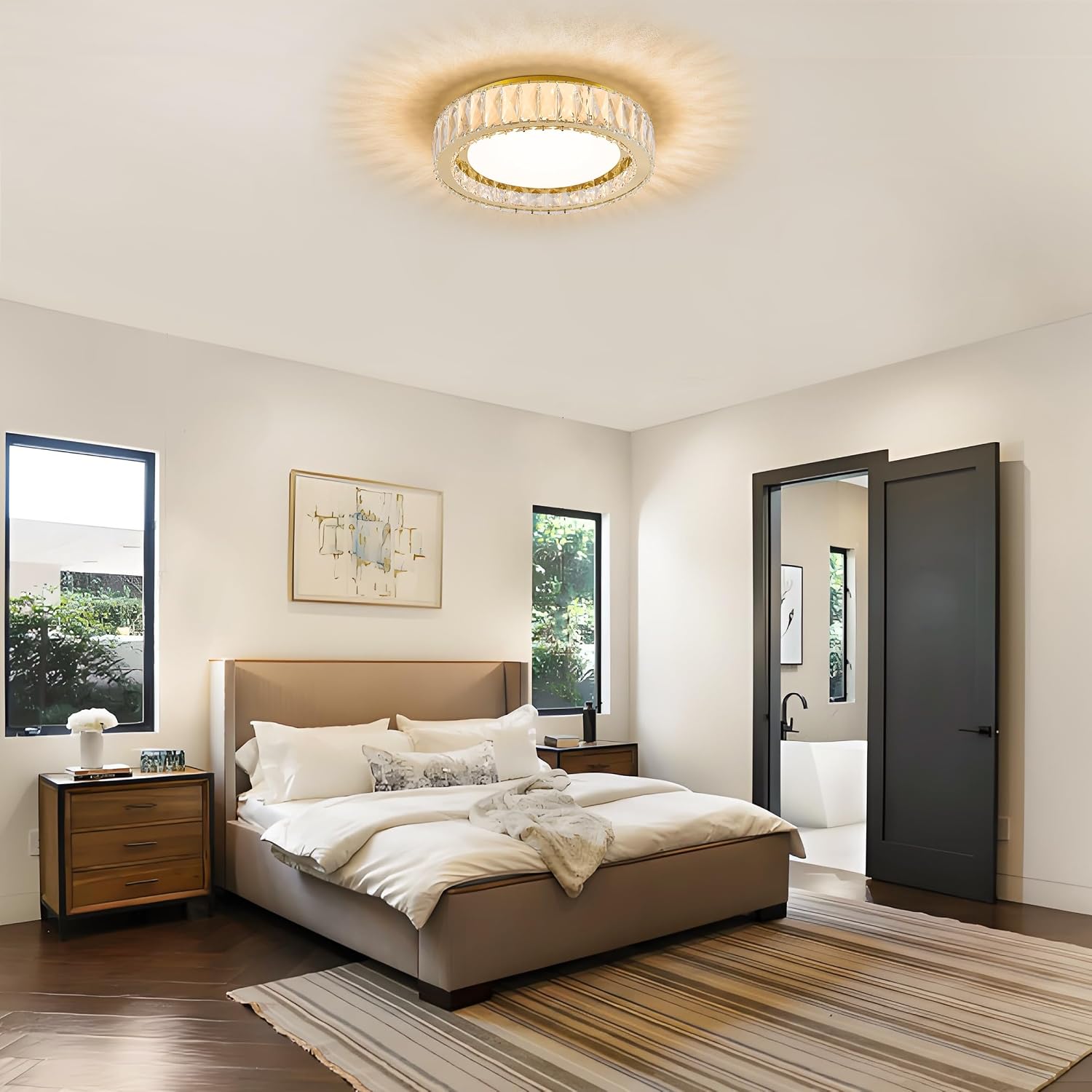 15 Inch Dimmable LED Crystal Flush Mount Ceiling Light,Modern Gold 36W 5CCT 3000K-6000K Chandelier Large Round Lighting Fixtures for Bedroom,Living Room,Laundry Room,Dining Room