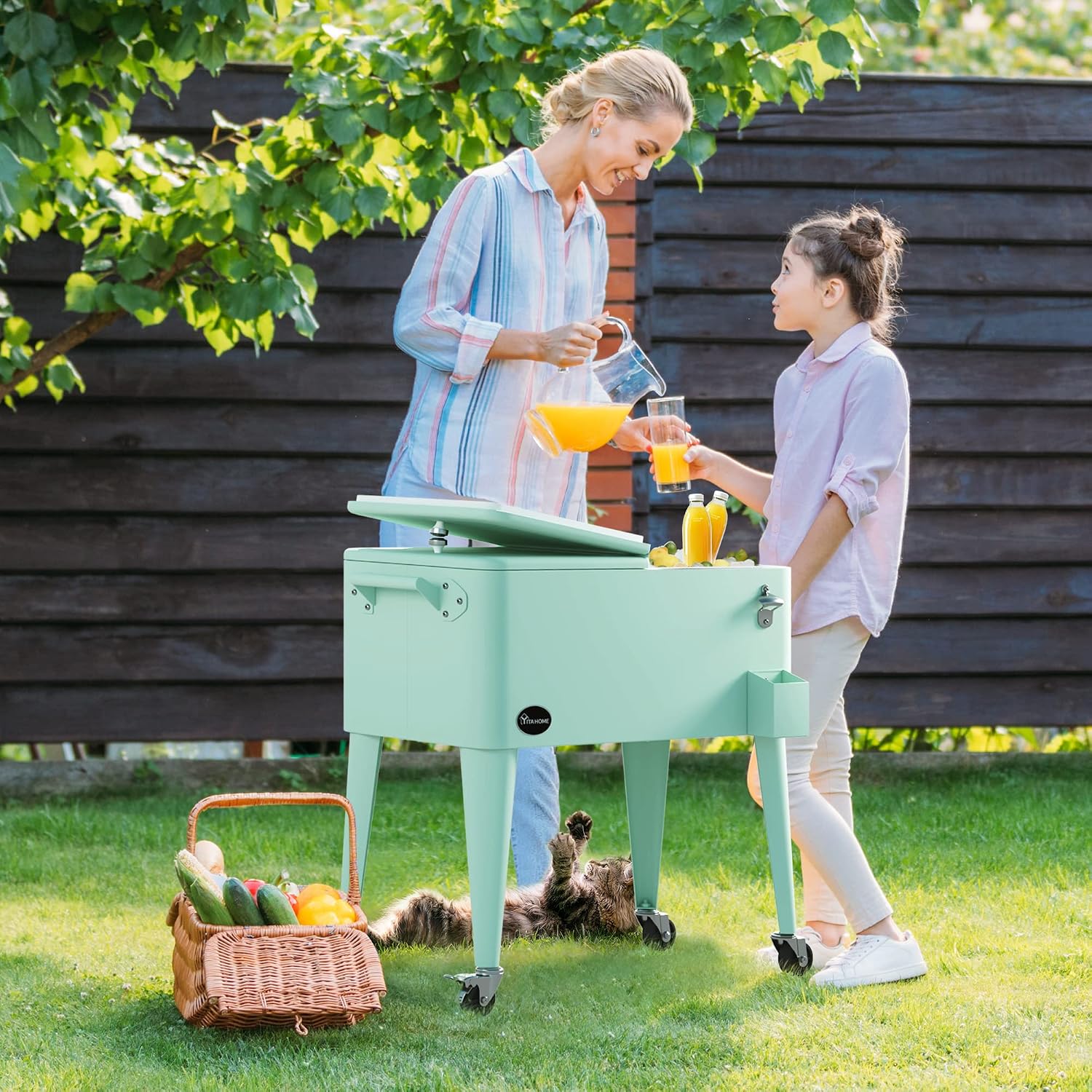 YITAHOME 80 Quart Patio Cooler Cart with Bottle Opener Drainage, Portable Rolling Beverage Cart for Pool Deck Party Cookouts