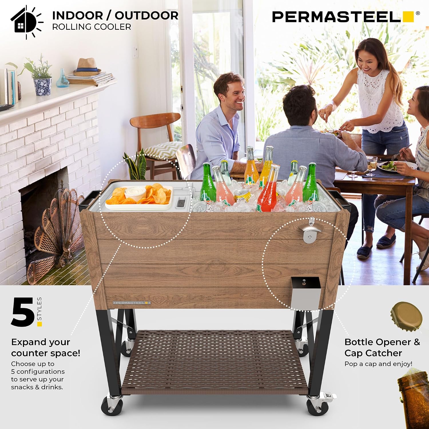 Permasteel 80 Quart Party Cooler, Rolling Ice Chest with Wheels and Handles for Indoor Outdoor Patio