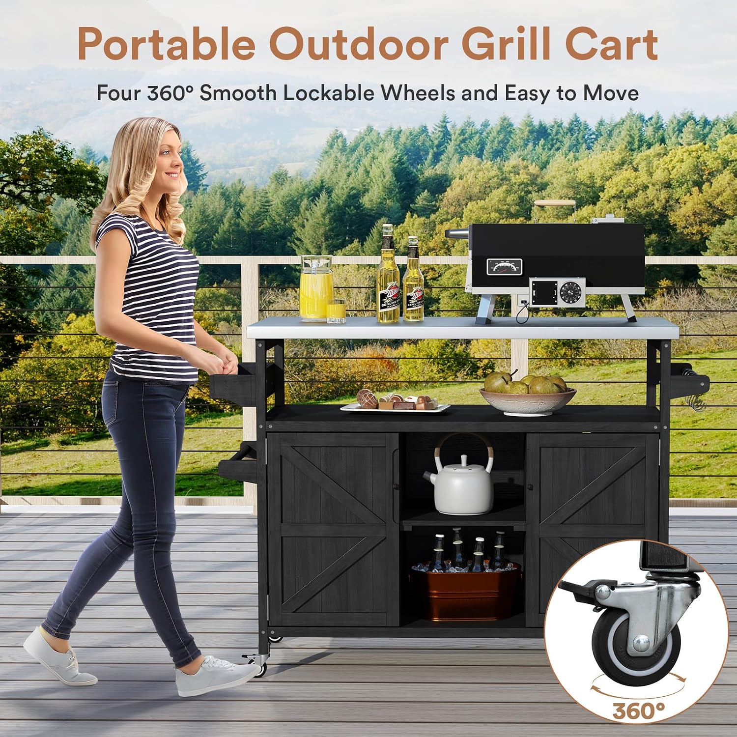 Zevemomo Outdoor Grill Cart, Stainless Steel Tabletop Outdoor Kitchen Island, Solid Wood Outdoor Buffet Cabinet with Lockable Wheels for Grilling, Black