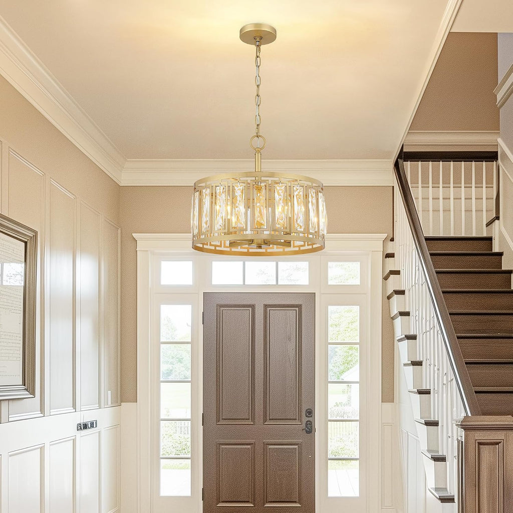 Gold Crystal Chandelier, 4-Light Semi Flush Mount Chandelier Crystal Entry Way Light Fixture Gold Dining Room Light Fixtures Adjustable Height Hanging Pendant Light for Bedroom Living Room