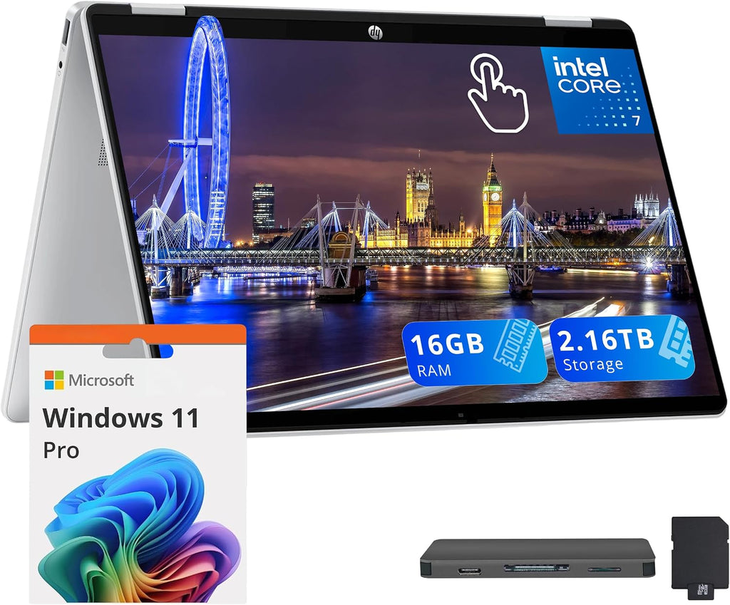 HP OmniBook 5 Flip 2-in-1 14' 2K Touchscreen Laptop, Intel 7 150U, 16GB LPDDR5, 2.16TB Storage(2TB SSD+160GB Docking Station Set), Backlit Keyboard, 5MP IR Camera, Wi-Fi 6E, Windows 11 Pro, Silver