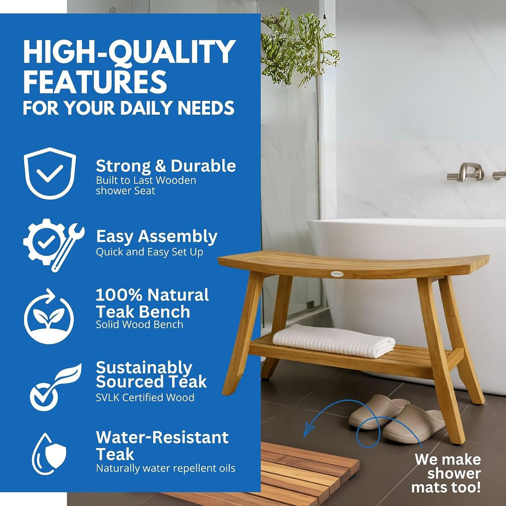 EcoDecors 34 Inch Satori Natural Teak Waterproof Teak Wood Shower Bench Stool Seat Chair For Inside Shower Provides Safety, Storage, and Organization For Bathroom Accessories