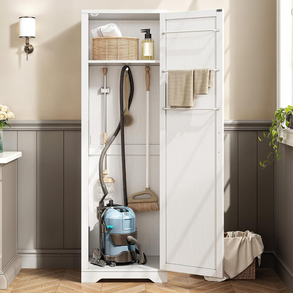 DWVO Broom Closet Storage Cabinet, Wooden Organizer for Mops, Brooms, and Bucket Vacuum Cleaners with Upper Shelf and Towel Hanging Options
