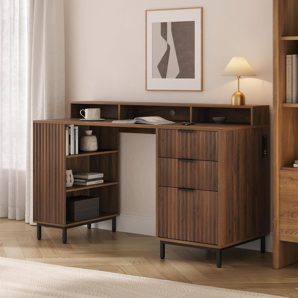 55'' Fluted Executive Desk with Drawers, Modern Home Office Computer Desk with Charging Station, File Drawer, Monitor Stand, Storage Shelf for Work Writing Study, Brown