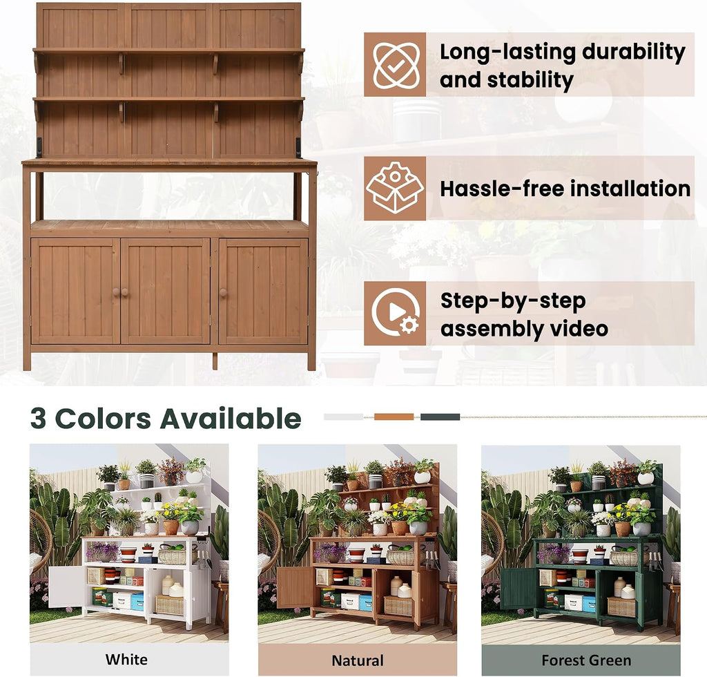 JIVOIT Outdoor Garden Potting Bench Table, 50.2' Solid Fir Wood Garden Workstation Work Bench, Outdoor Planting Table with Hutch, Large Countertop, 2 Shelves, 2 Cabinets, 3 Side Hooks