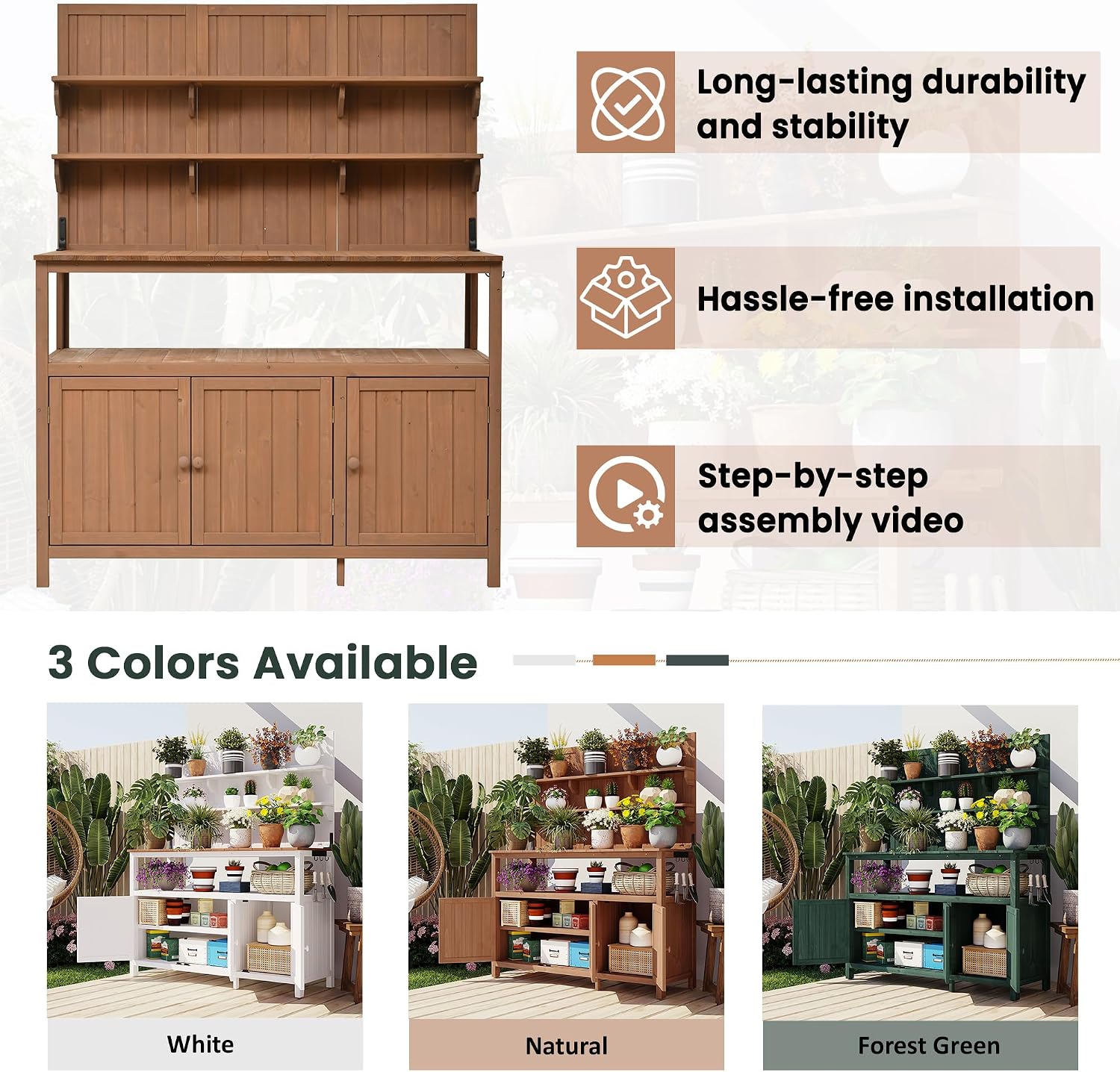 JIVOIT Outdoor Garden Potting Bench Table, 50.2' Solid Fir Wood Garden Workstation Work Bench, Outdoor Planting Table with Hutch, Large Countertop, 2 Shelves, 2 Cabinets, 3 Side Hooks