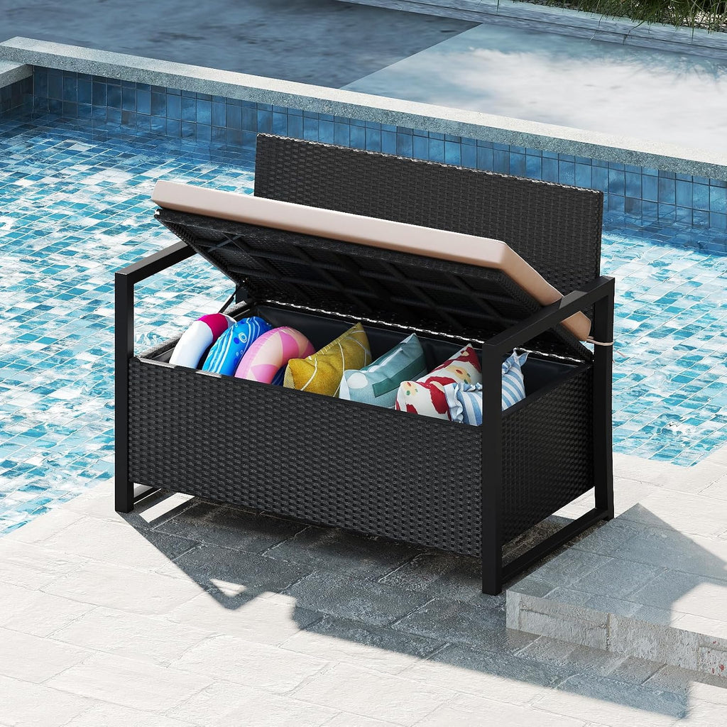 Tangkula 40 Gallon Outdoor Bench with Storage, Patio Wicker Storage Bench with Cushion, Cover, Metal Frame, Deck Box Seat for Backyard, Poolside, Balcony, Garden