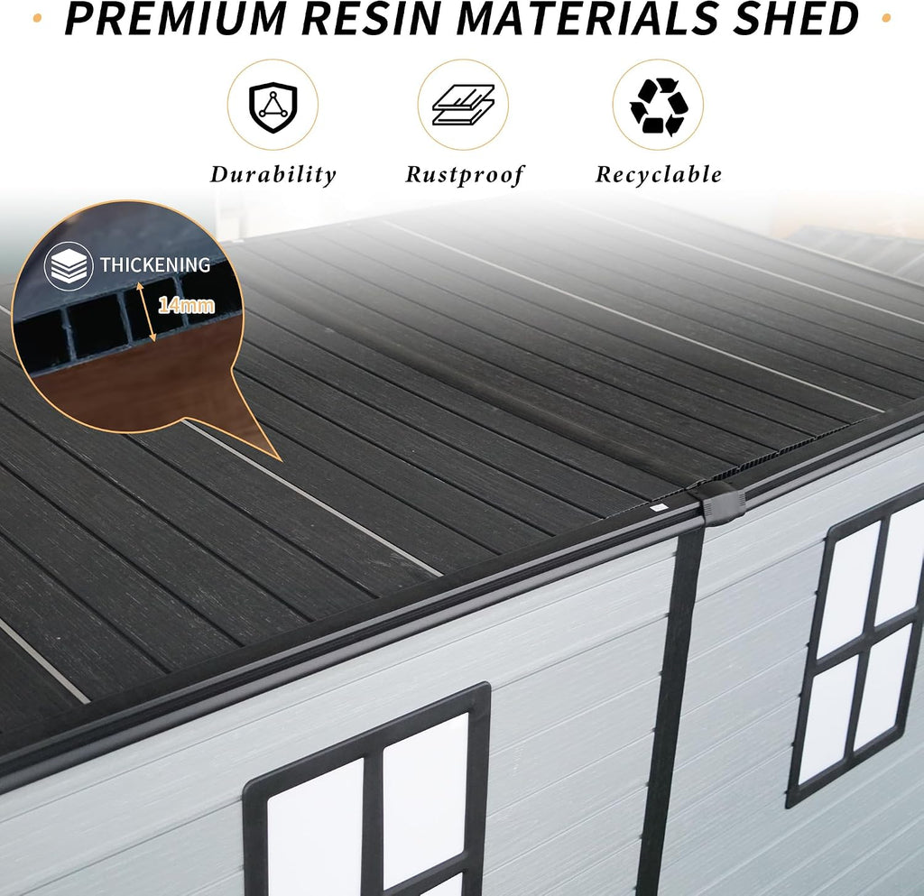 4x8ft Resin Shed with Floor Included, Outdoor Storage Lean to Shed with 2 Windows and Lockable Door, Garden Sheds for Tools, Bike, Gray and Black