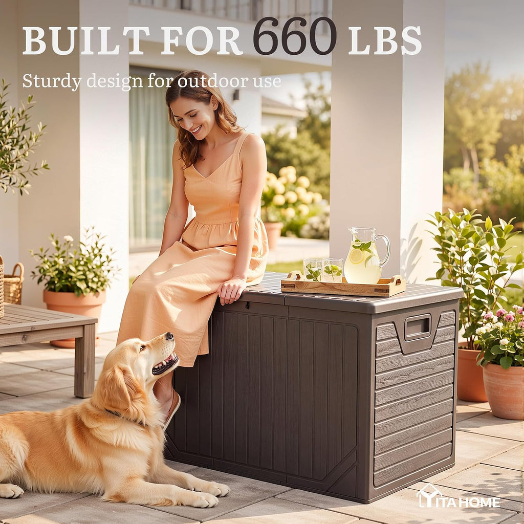 YITAHOME 230 Gallon Extra Large Outdoor Storage Box, Waterproof Double-WallDeck Box with Hydraulic Piston for Garden Tools, Pool Accessories & Cushions, Resin Deck Organizer with Bench Seat(Brown)