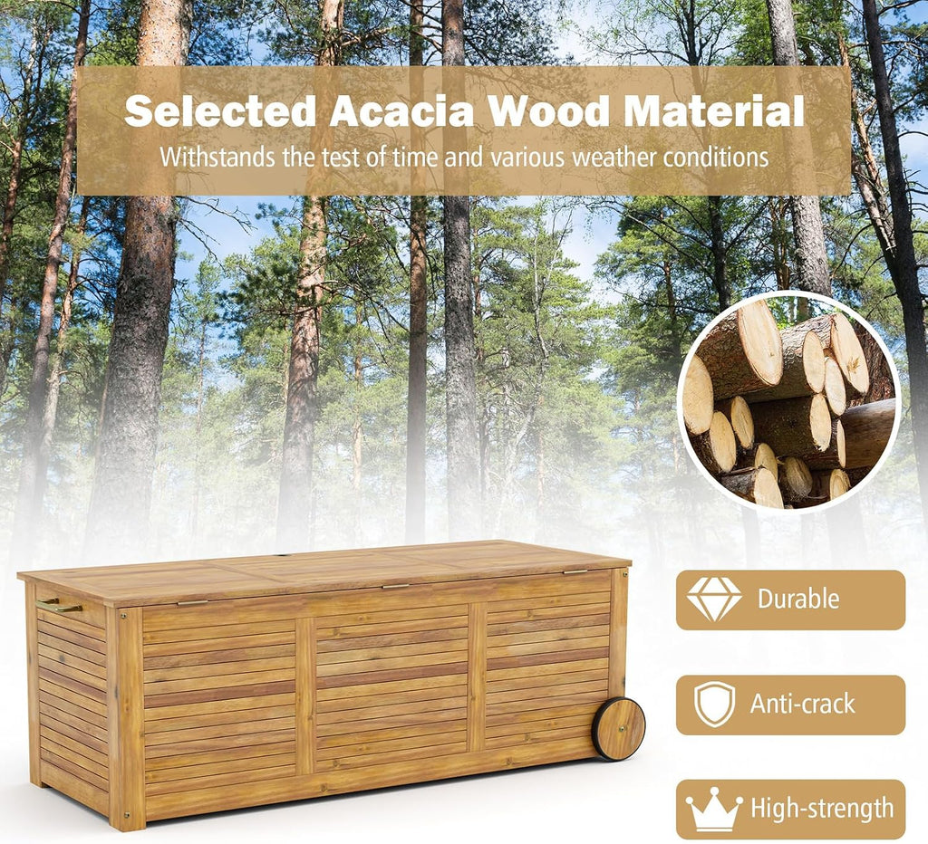 Tangkula 48 Gallon Outdoor Storage Box with Wheels, Portable Patio Acacia Wood Deck Box, with Side Handle, Waterproof Cover, for Patio, Balcony, Poolside, Garden (Natural)