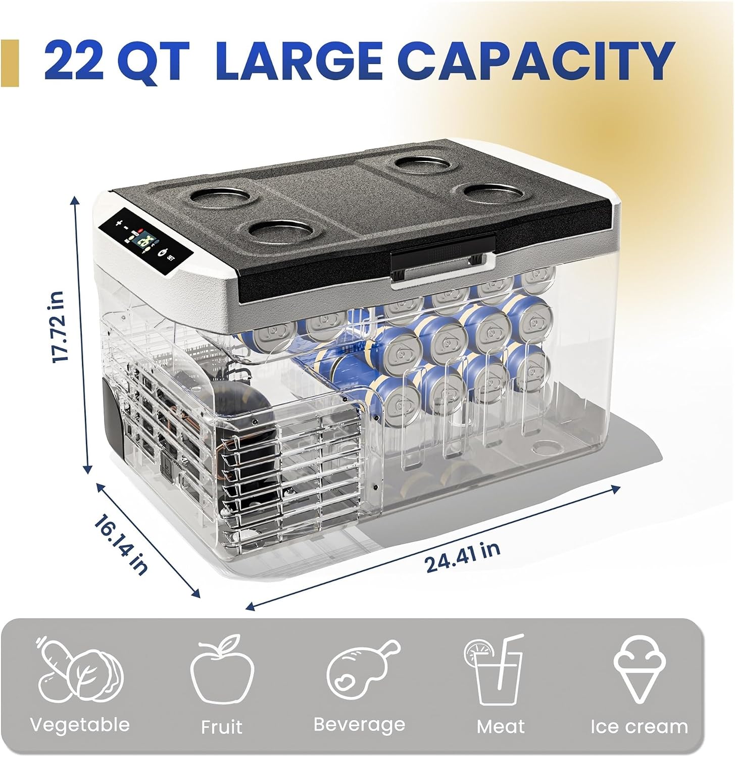 Portable Refrigerator, 22QT(21L) 12V Cooler, Compressor Mini Fridge, -4℉~68℉,12/24V DC 110~240 Volt AC For RV/Truck