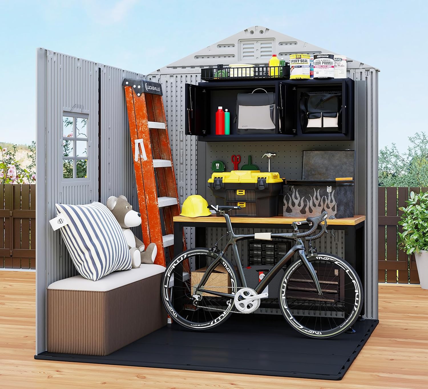 ZZM Outdoor Storage Shed 6x6 Ft, All-Weather Resistant Resin Garden Sheds & Outdoor Storage Clearance with Floor and Windows, Double-Layer Plastic Tool Shed for Backyard, Patio & Lawn (Gray)