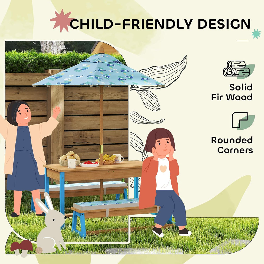 Qaba Kids Picnic Table, Wooden Table and Bench Set with Foldable Umbrella, Removable Cushions & Boxes, Dinosaur Theme Children Activity Table Outdoor Furniture for Patio, Blue