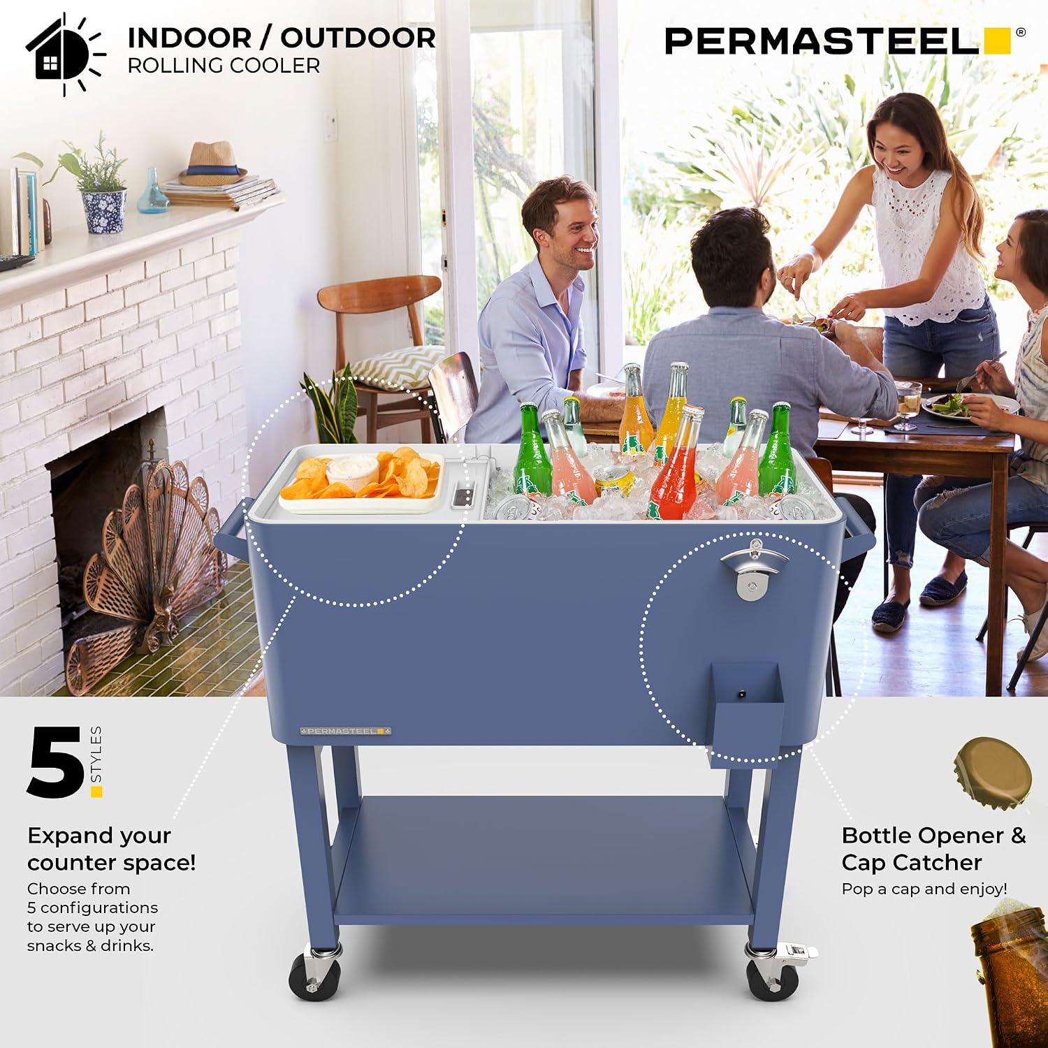 Permasteel Party Cooler with Divider, Removable Basin, Spacious 80-Qt Capacity, Chills 36hrs, Serving Tray, Rolling Ice Chest for Indoor & Outdoor