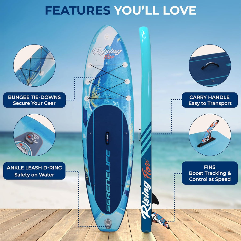 SereneLife Inflatable Stand Up Paddle Board - Wide Stable Design, Non-Slip Deck for Adults & Youth with Premium Paddle Board Accessories: Carry Bag, Dual Action Pump, Paddle, Ankle Leash - 10'6'