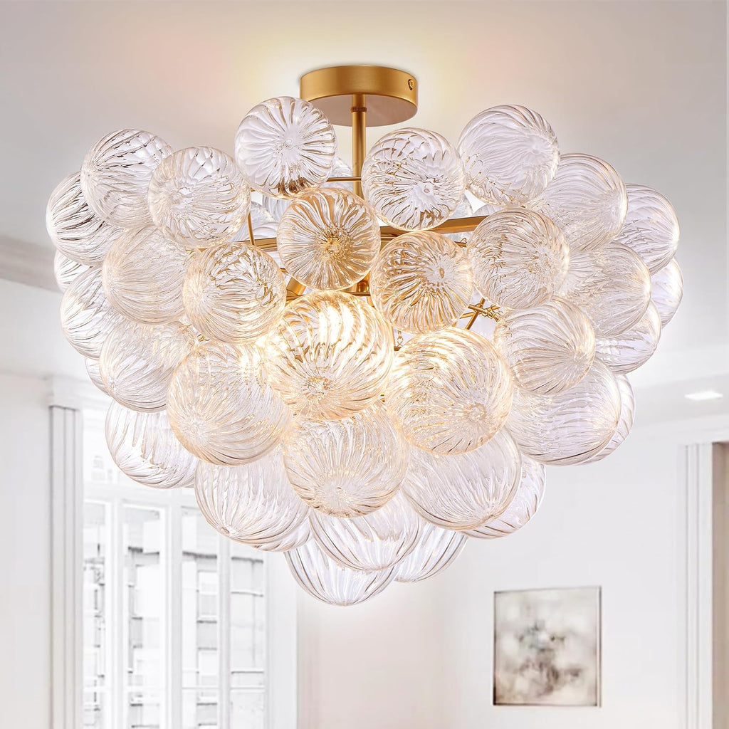 Longree Bubble Ball Semi Flush Ceiling Light Fixtures, Dia 20 inch Gold and Clear Blown Glass Small Swirled Glass Chandelier for Bedroom Study Bathroom Dining Room