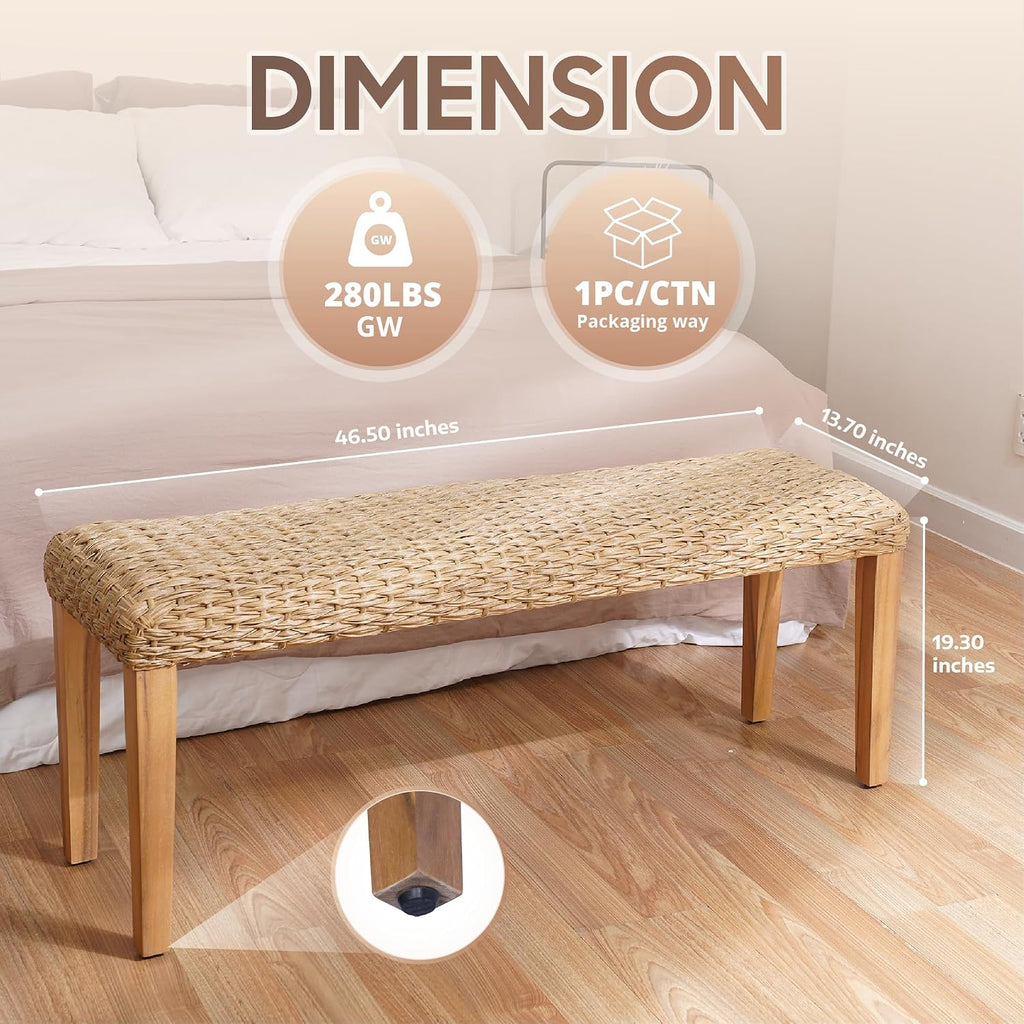 Outdoor Backless Bench, All-Weather Wicker & Solid Acacia Wood, Premium Garden Bench with Woven Rattan Seat and Thick Outdoor Cushion for Patio, Porch, Living Room or Entryway (Natural, PE Wicker).