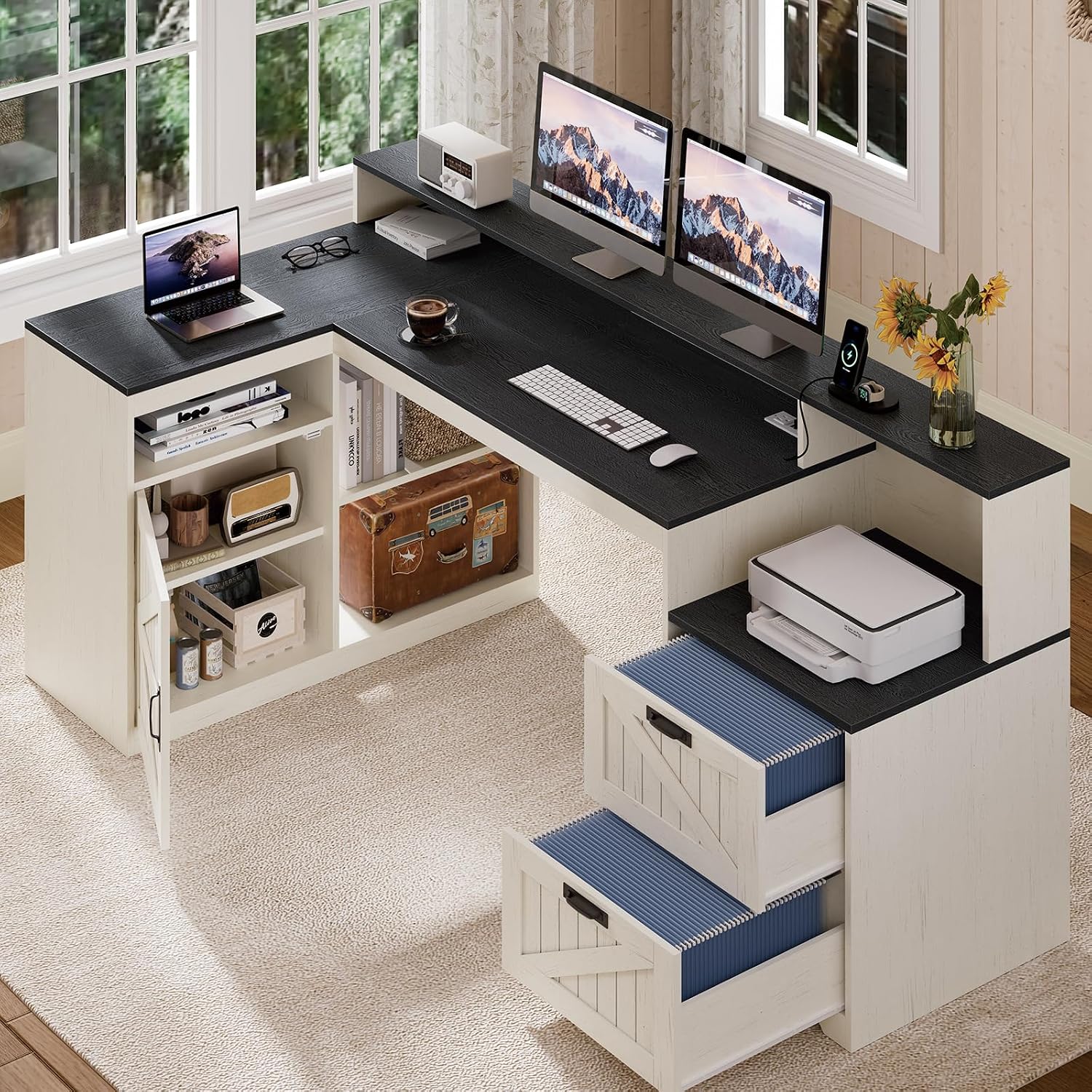 TVU Farmhouse L Shaped Desk with Drawers, 62.2' Home Office Desk with Storage Shelves and Power Outlet, L Shaped Computer Desk with Monitor Stand and Printer Shelf, Black and White