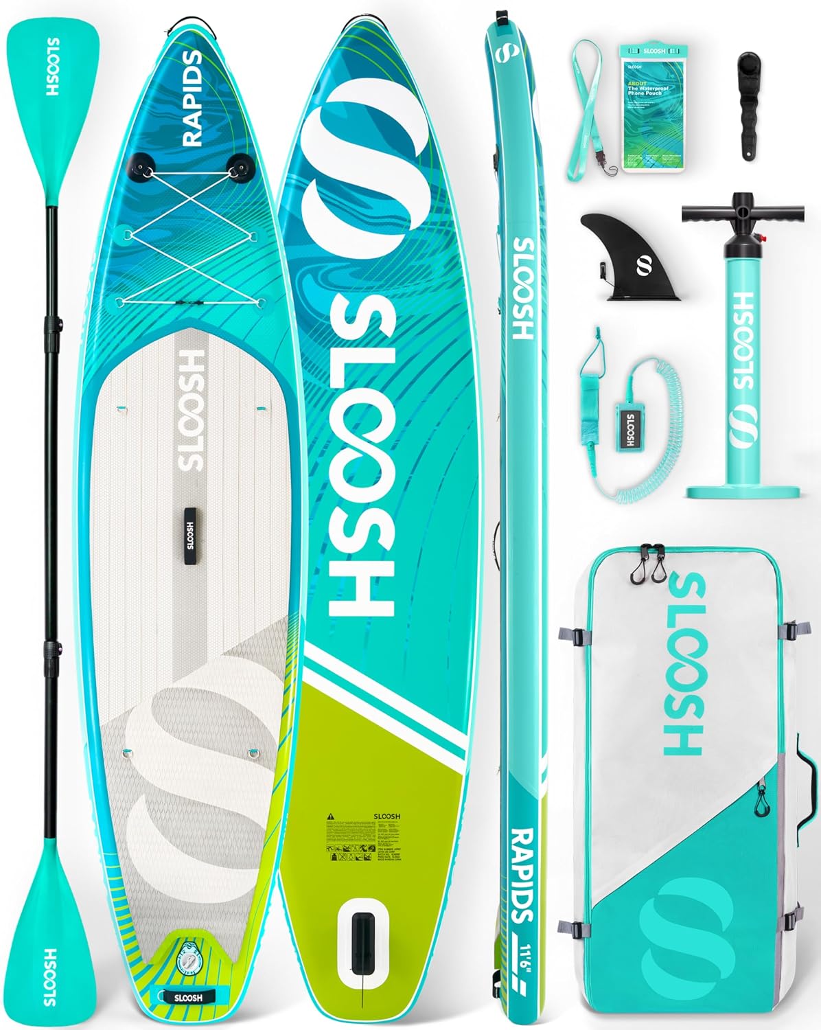 SLOOSH Inflatable Stand Up Paddle Board, 11'6' Inflatable Paddle Boards with Premium Accessories, Non-Slip EVA Deck, Ultra-Light Carry Bag Pump, Rapids SUP for Youth & Adults