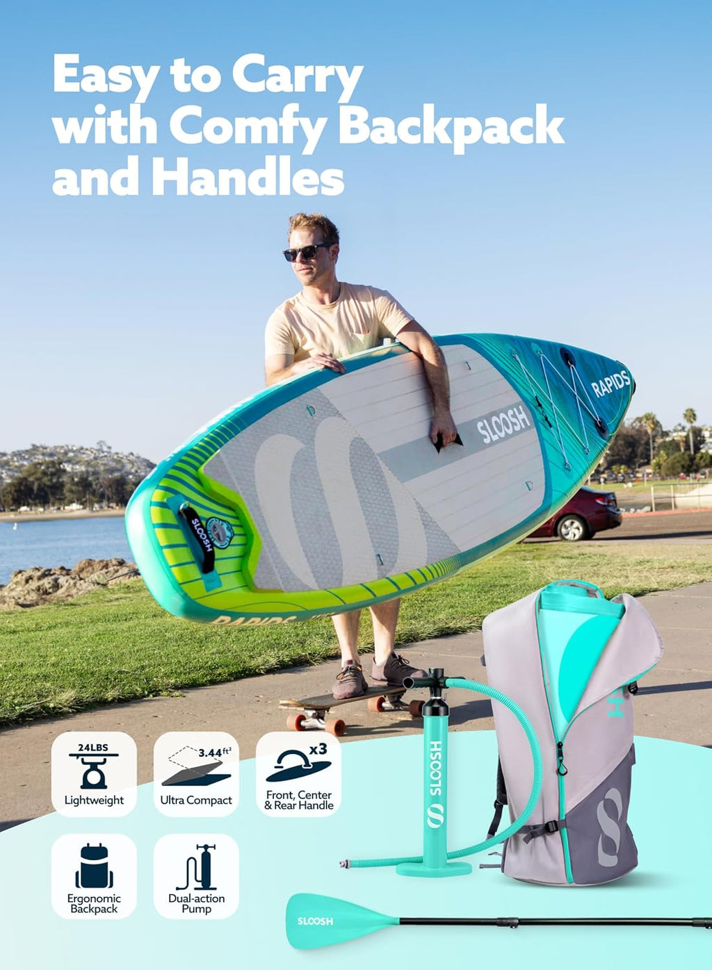 SLOOSH Inflatable Stand Up Paddle Board, 11'6' Inflatable Paddle Boards with Premium Accessories, Non-Slip EVA Deck, Ultra-Light Carry Bag Pump, Rapids SUP for Youth & Adults