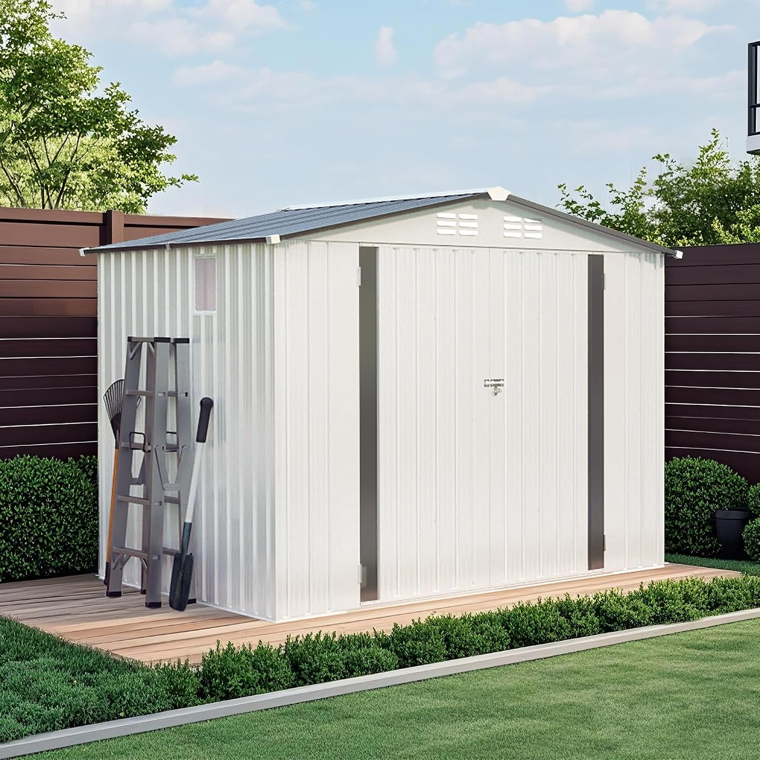 CHUNLY 8 x 6 ft Outdoor Storage Shed w/Side Window and Lockable Door, All Weather Tool Shed with Pitched Roof Waterproof, Storage Garden Shed Storage Room for Patio Backyard Lawn, White + Gray