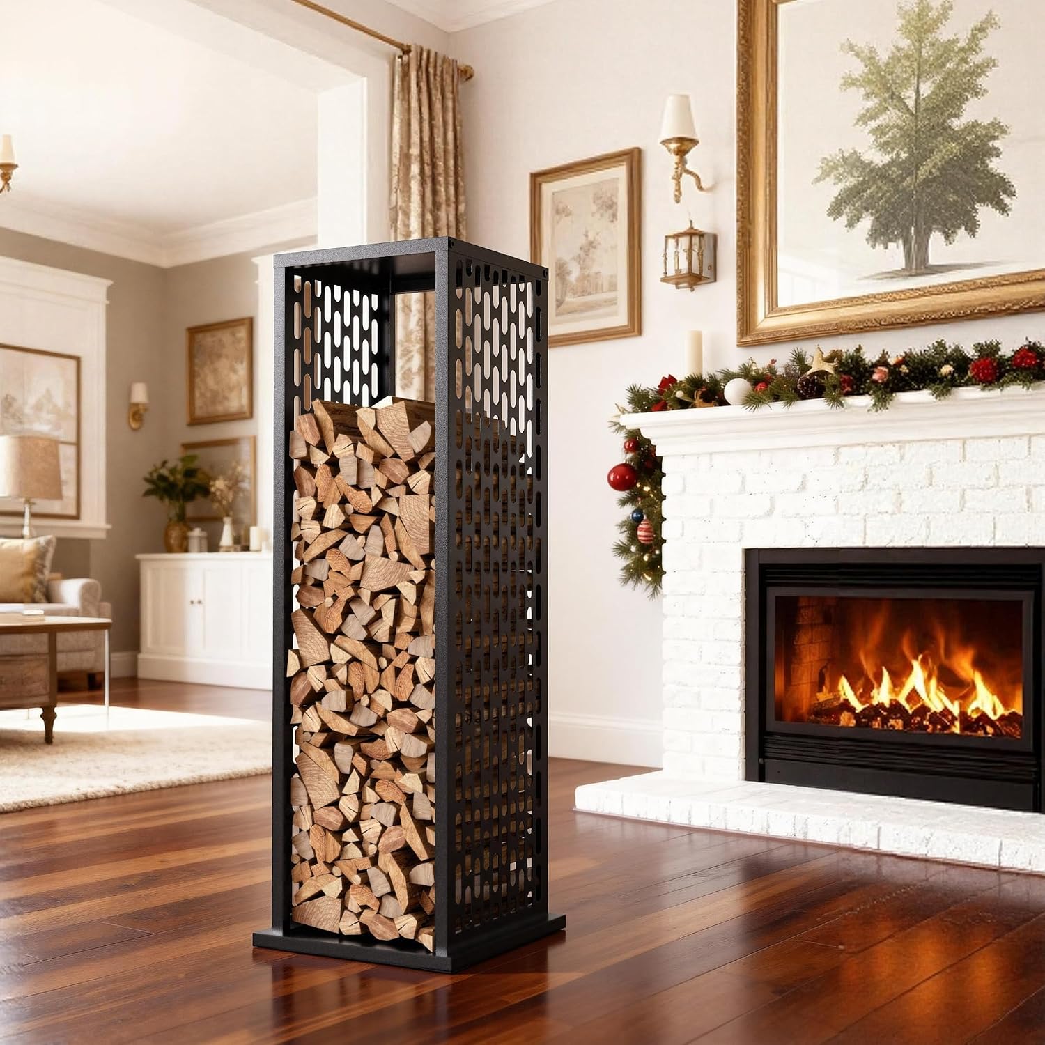4ft Firewood Rack, Wood Stacker Firewood Outdoor, Black Metal, 1000 lbs Capacity, Indoor Decorative Wood Holder for Woodshed, Storeroom, Patio, Basement (Ellipticalhole)