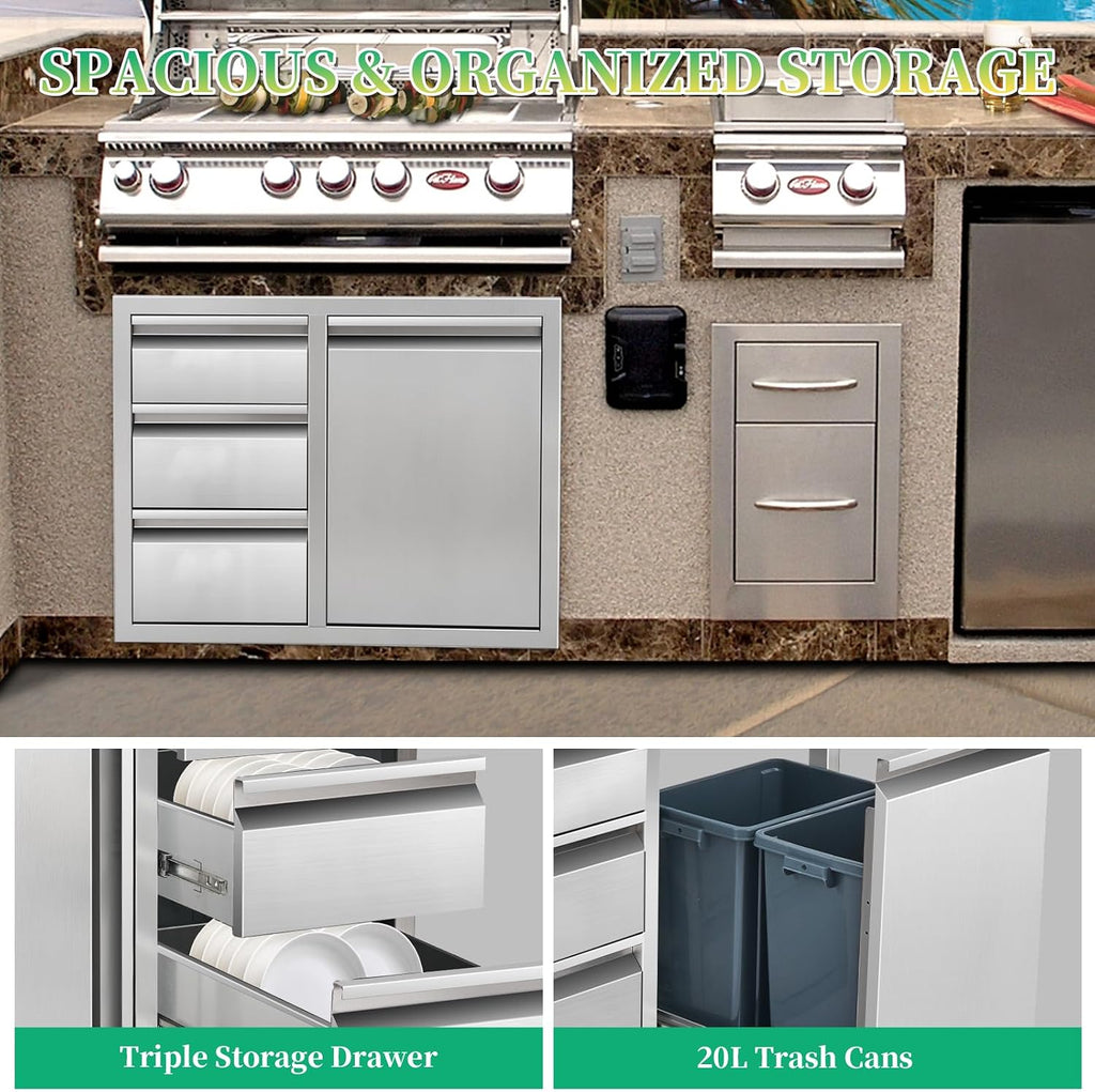 Outdoor Kitchen Drawer Combo Stainless Steel Outdoor Triple Drawers with Trash Bin Compartment & Dual Trash Cans, 28' W x 22' H x 19.5' D Outdoor Kichen Cabinet for Grill Station