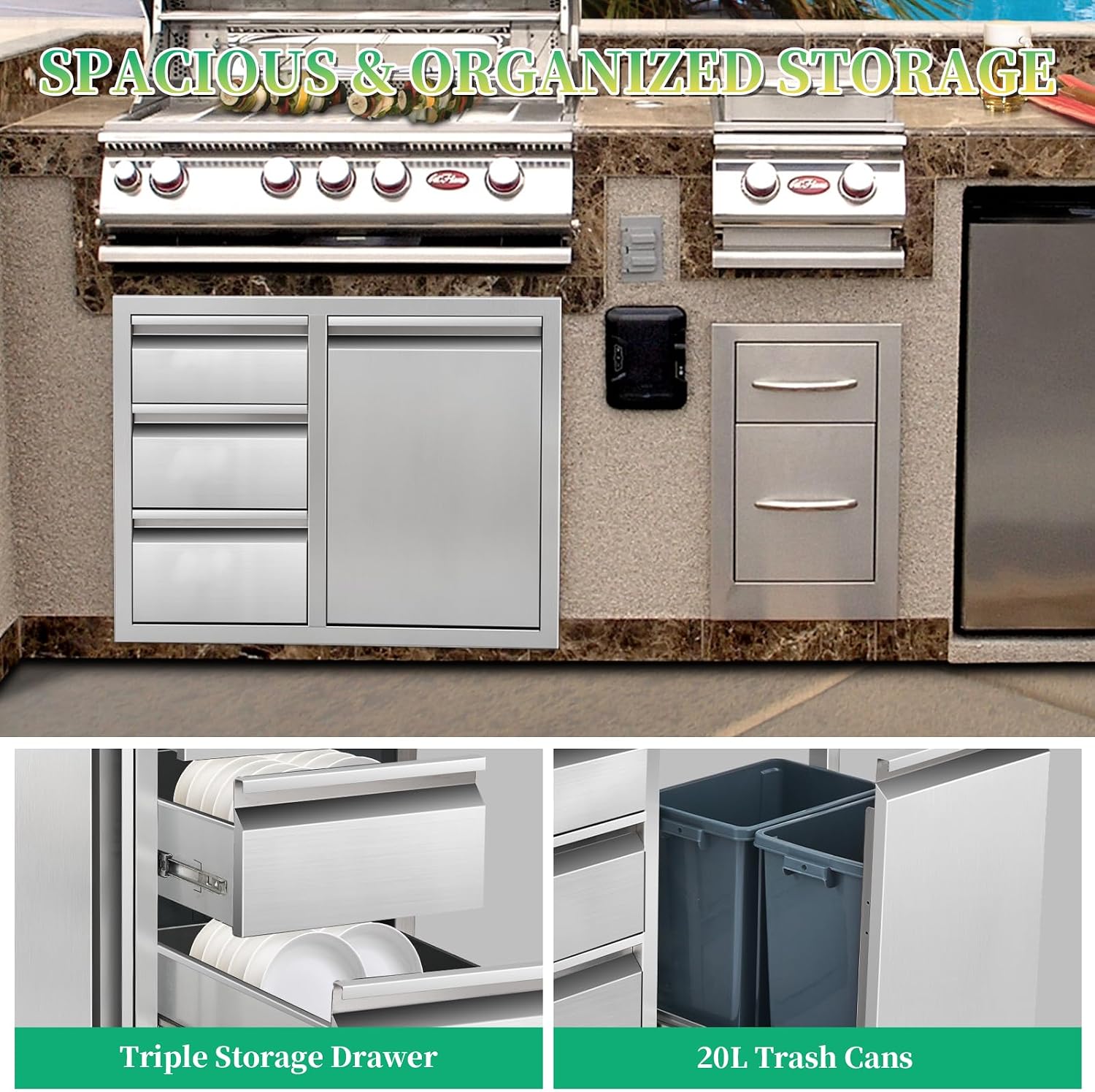 Outdoor Kitchen Drawer Combo Stainless Steel Outdoor Triple Drawers with Trash Bin Compartment & Dual Trash Cans, 28' W x 22' H x 19.5' D Outdoor Kichen Cabinet for Grill Station