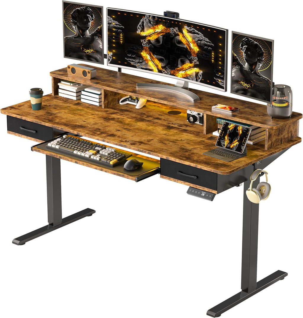 WALKINGDESK 55x24 Inches Electric Standing Desk with Keyboard Tray, Height Adjustable Stand up Desk with 2 Drawers, Ergonomic Sit to Stand Desk with Storage Monitor Stand, Computer Table, Rustic Brown