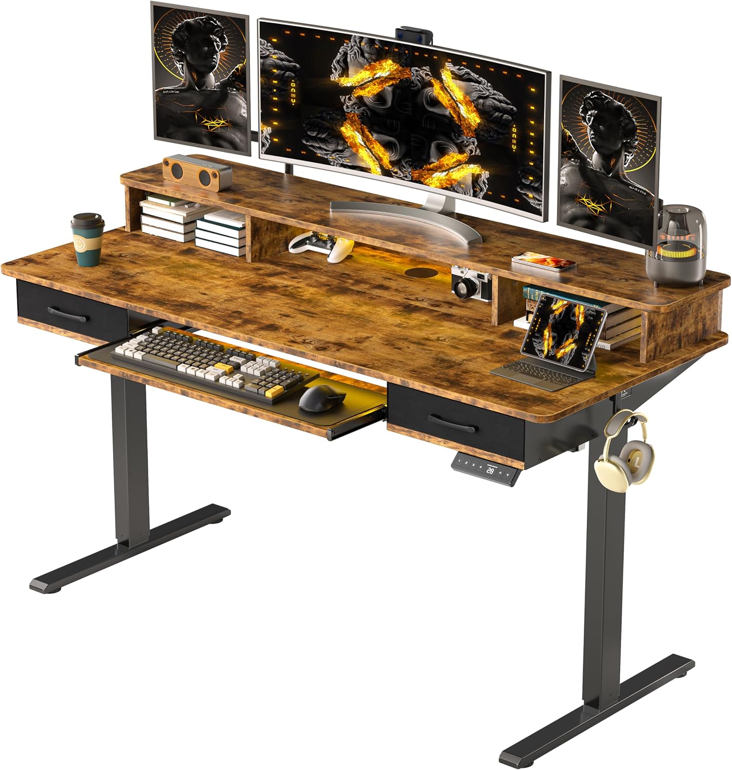 WALKINGDESK 55x24 Inches Electric Standing Desk with Keyboard Tray, Height Adjustable Stand up Desk with 2 Drawers, Ergonomic Sit to Stand Desk with Storage Monitor Stand, Computer Table, Rustic Brown