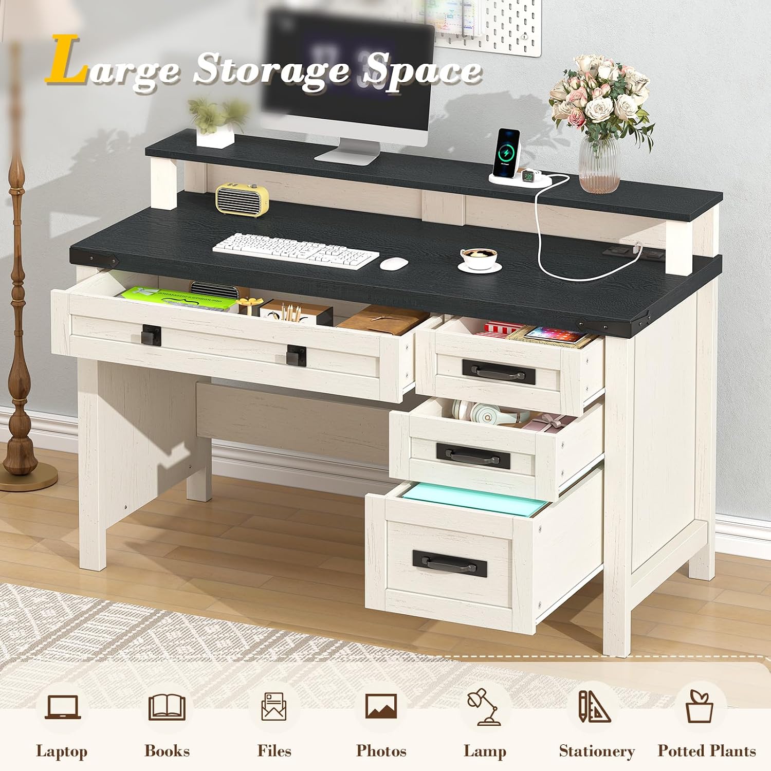 YOMILUVE Farmhouse Computer Desk with Drawers, 47' Small Computer Desk with Power Outlets, Home Office Desk with Monitor Stand & 4 Drawers, Writing Study Table, Black & White