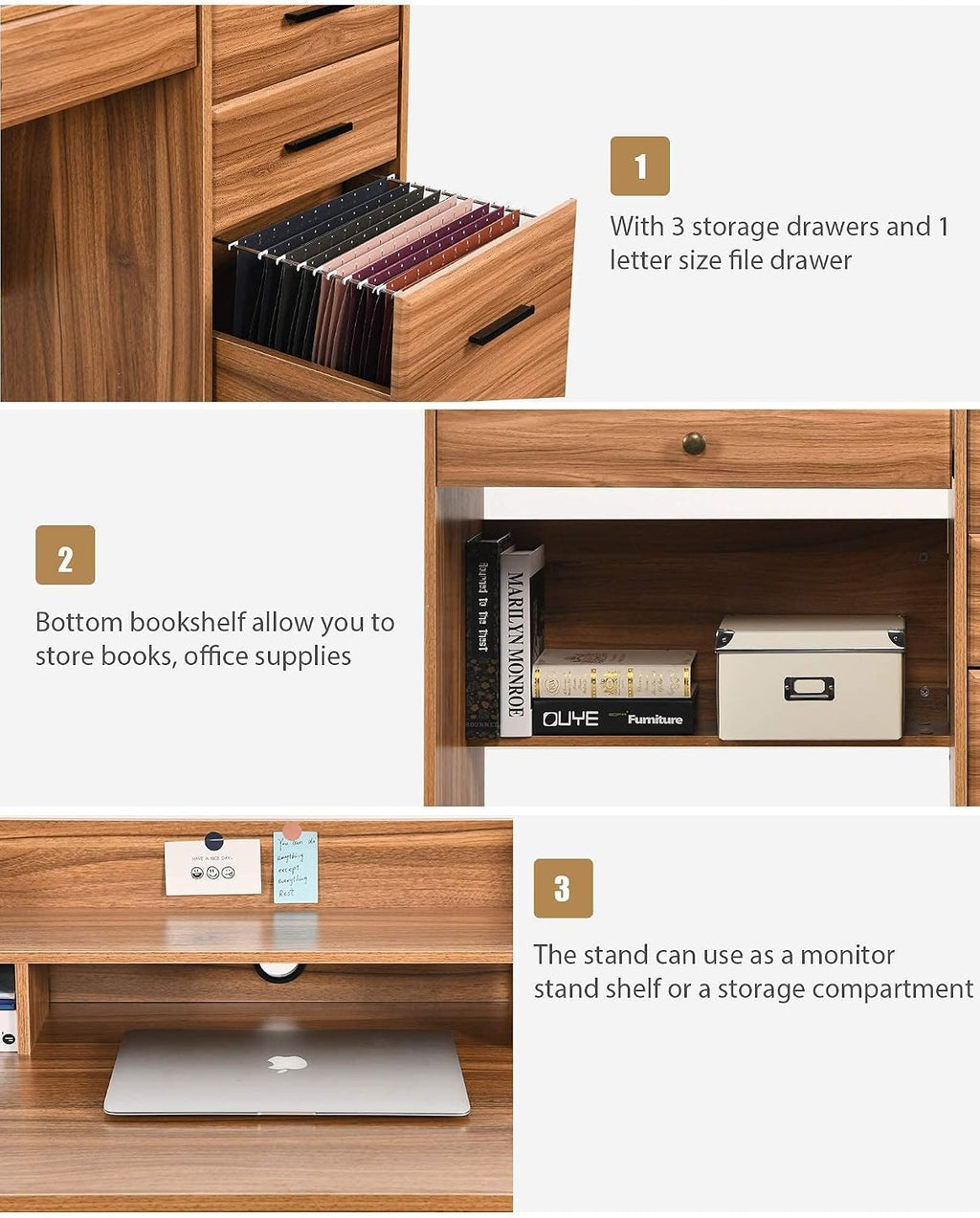 Catrimown Computer Desk with 4 Drawers and Hutch, Home Office Desk with File Drawer, 44' Rustic Oak Wood Desk, Study Table for Bedroom, Rustic Oak