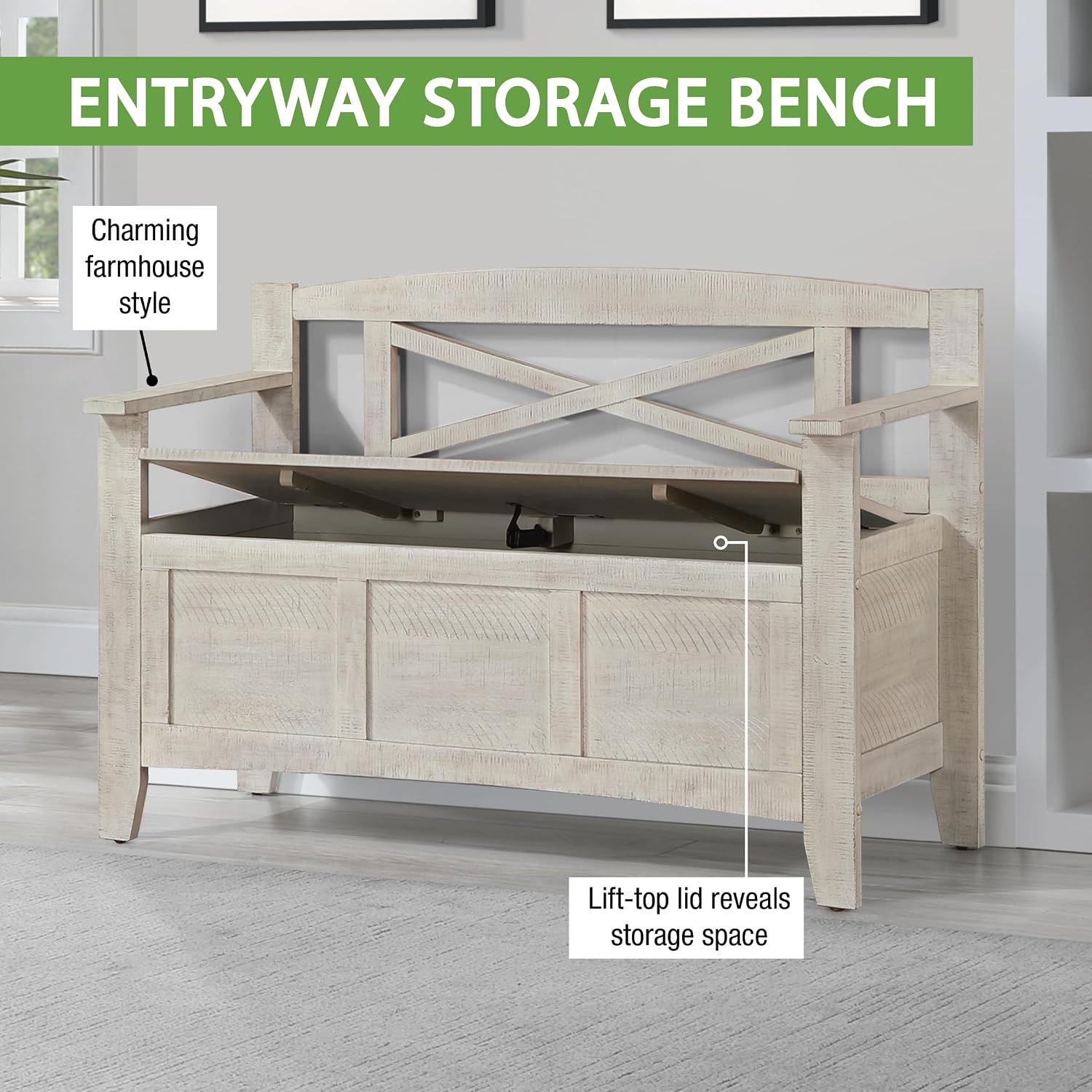 OSP Home Furnishings Metro Entry Way Storage Bench with X-Back, Distressed White Finish
