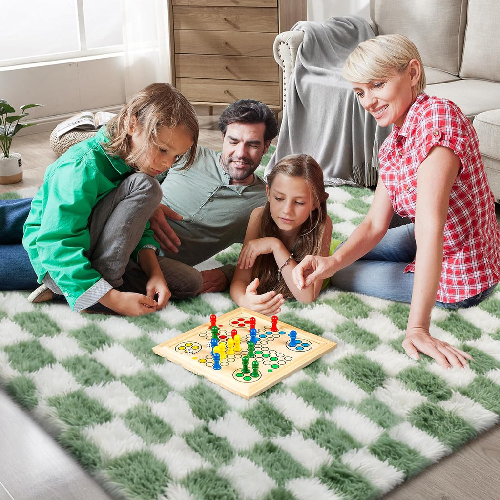 Large Area Rugs for Living Room Bedroom,9x12 Green and White Fluffy Soft Checkered Rug Fuzzy Shag Shaggy Carpet,Indoor Plush Floor Rugs for Teen Dorm Home Decor