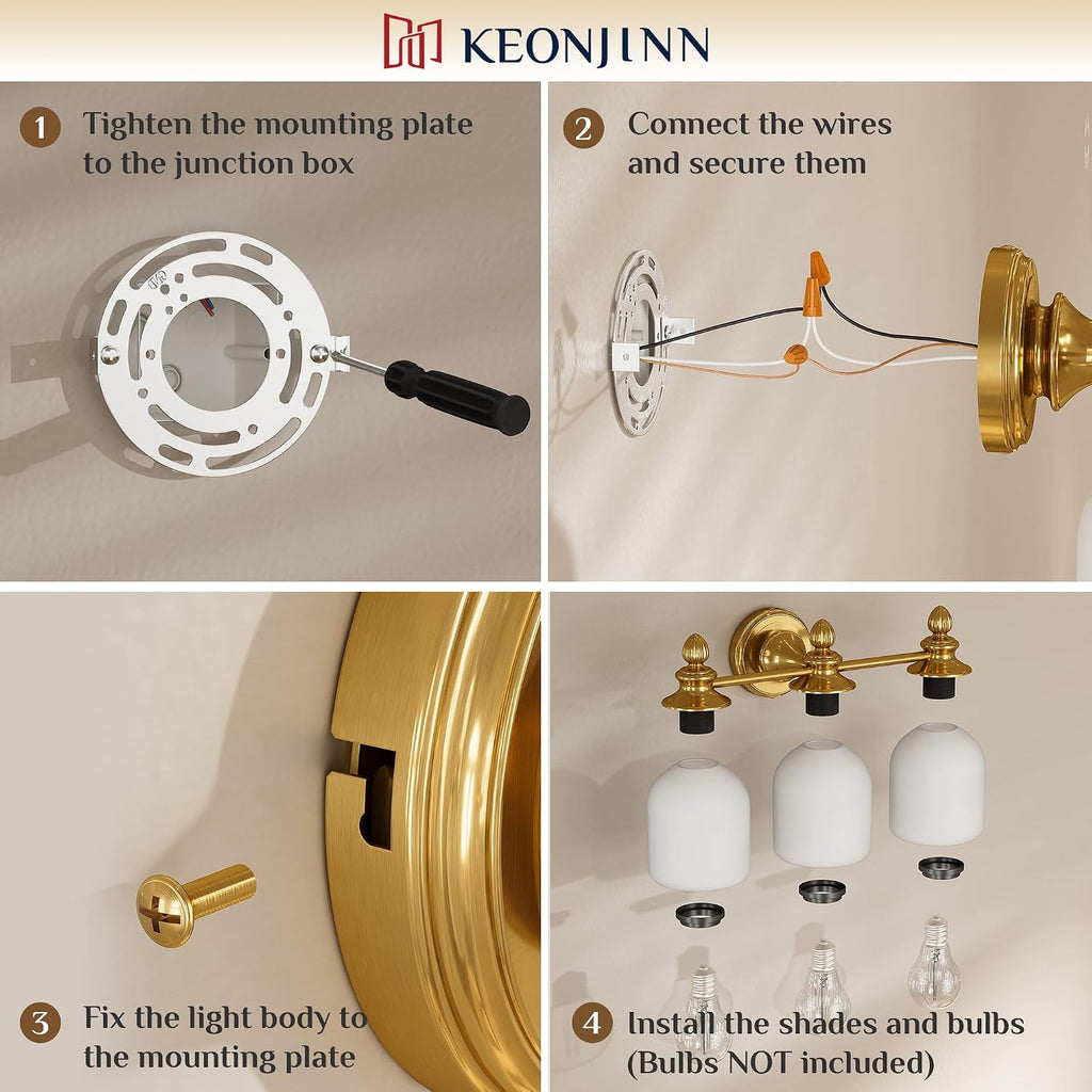Keonjinn Gold Bathroom Light Fixtures, 4-Light Vintage Vanity Lights for Mirror with Frosted Glass Shades, UL Listed E26 Base(Bulbs Not Included), Reversible Vanity Lighting Fixtures for Bathroom