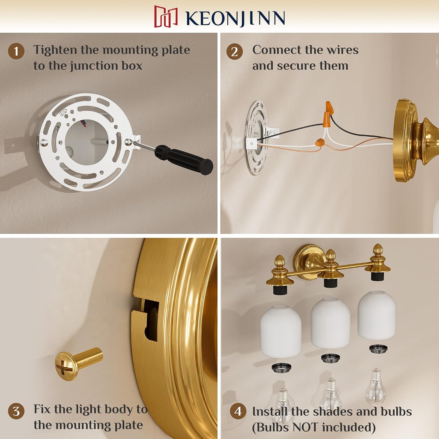 Keonjinn Gold Bathroom Light Fixtures, 4-Light Vintage Vanity Lights for Mirror with Frosted Glass Shades, UL Listed E26 Base(Bulbs Not Included), Reversible Vanity Lighting Fixtures for Bathroom