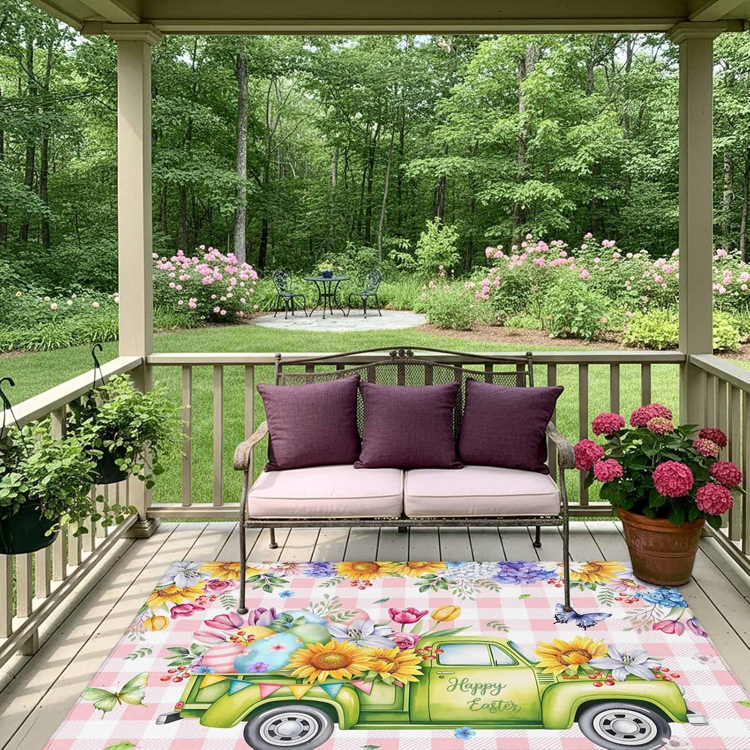 Spring Easter Outdoor Rug for Patio/Deck/Porch, Non-Slip Large Area Rug 6 x 9 Ft, Colorful Eggs Floral Truck Butterflies Pink Plaid Indoor Outdoor Rugs Washable Area Rugs, Camping Rug Carpet Runner