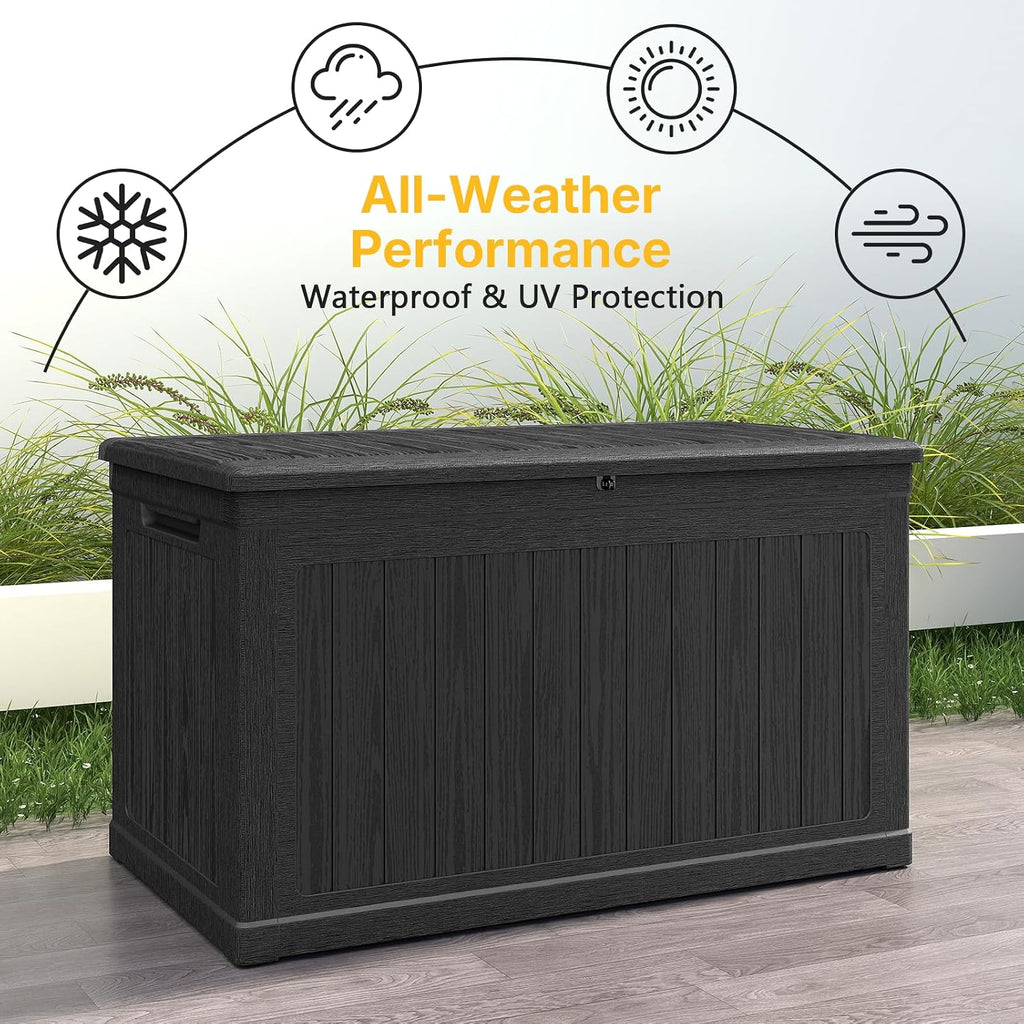 Skepphlay 230 Gallon Deck Box, Outdoor Storage Box Waterproof and UV Resistant, Patio Storage Box Lockable Large, 440 lbs Load Capacity for Garden, Patio, Pool (Black)