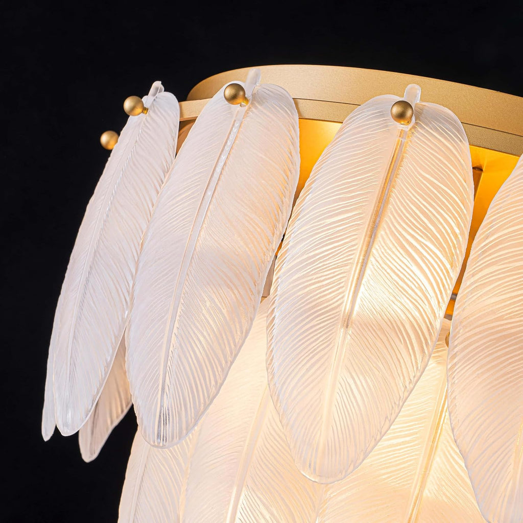 LumFurn D16in Modern Glass Chandeliers, 7-Light Elegant Design Flushmount Ceiling Light Fixture for Dining Room, Living Room & Bedroom, D16xH14inch, Frosted Glass Feather Shade & Gold Finish Frame